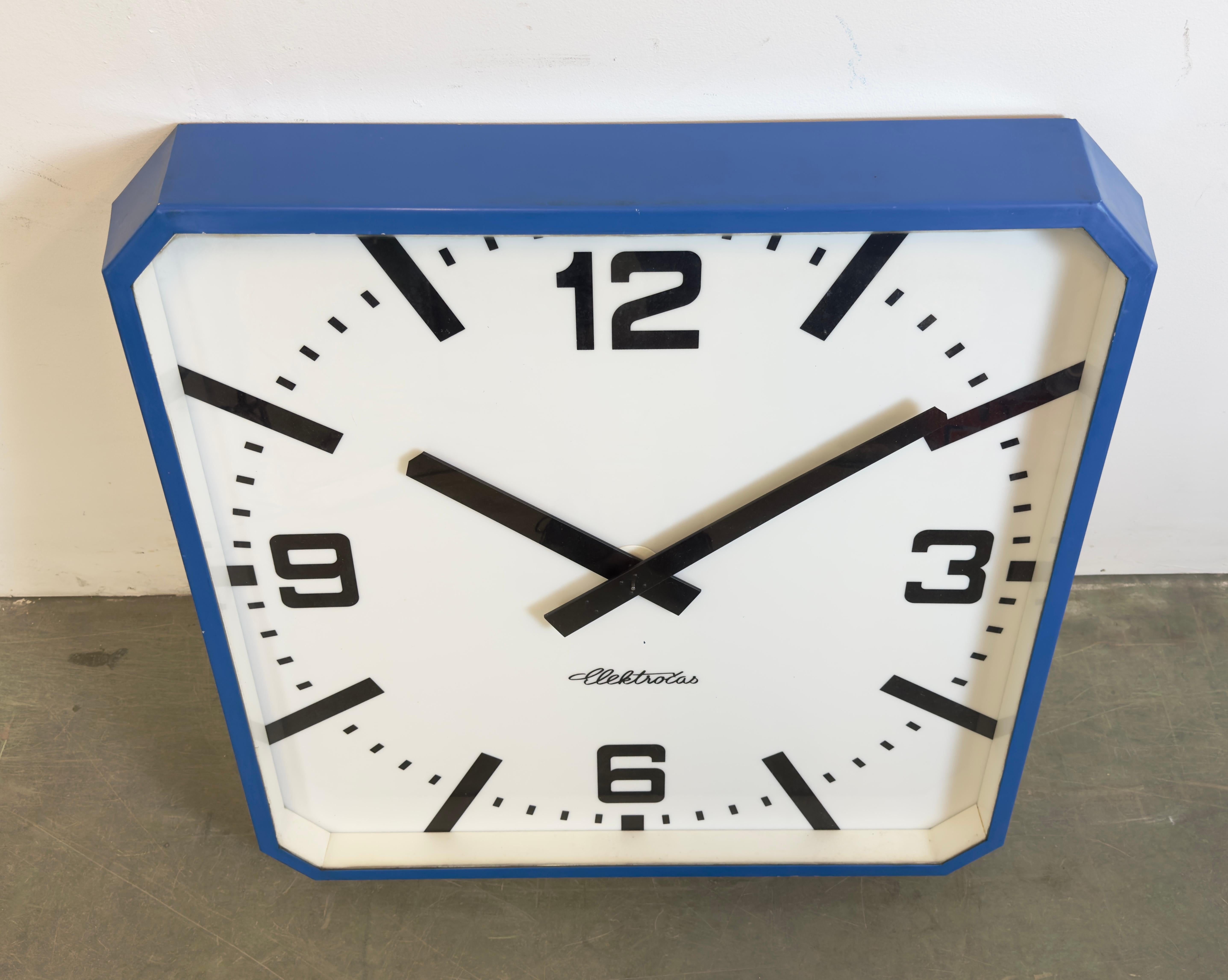 Late 20th Century Huge Blue Square Industrial Wall Clock from Elektročas, 1990s For Sale