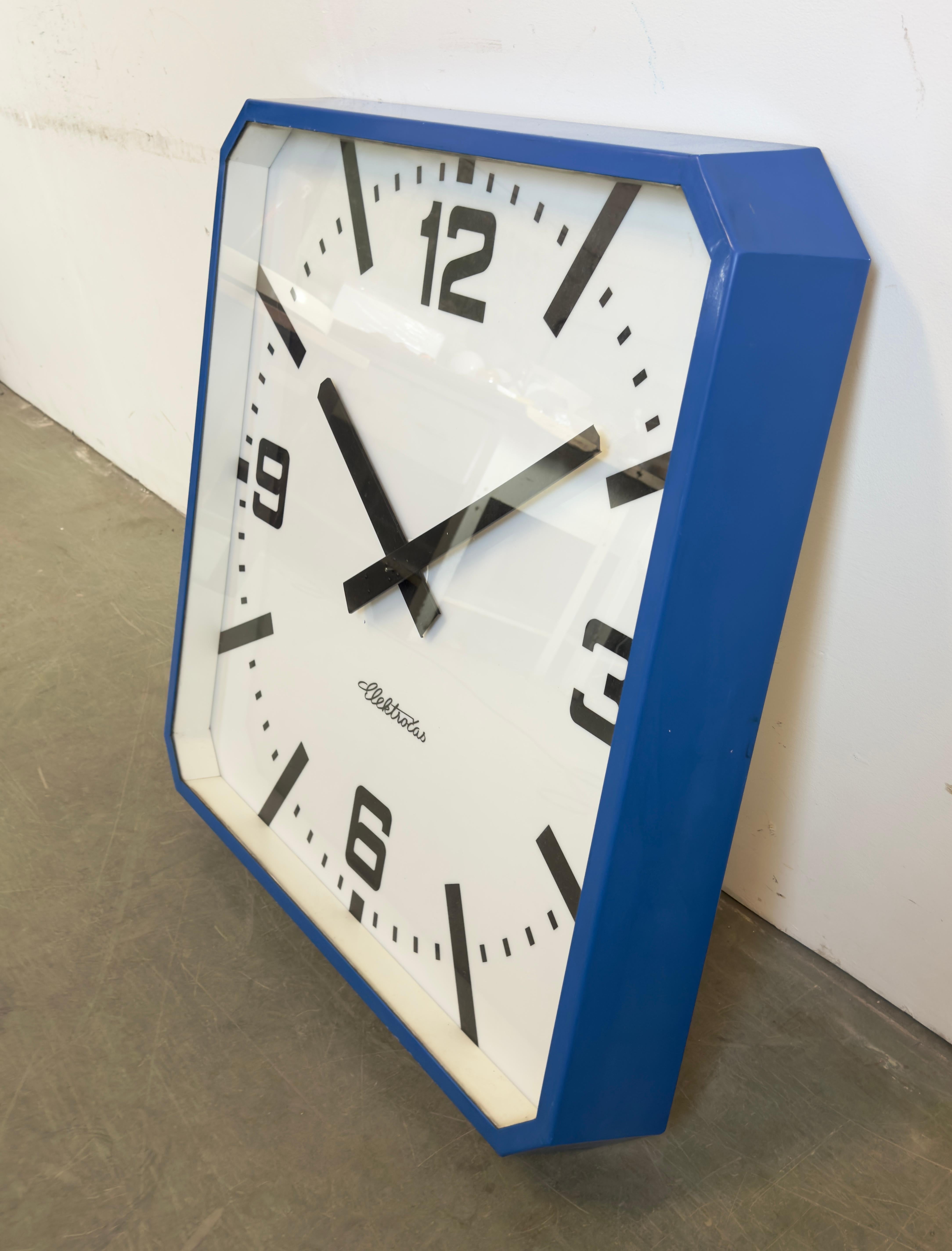 Glass Huge Blue Square Industrial Wall Clock from Elektročas, 1990s For Sale