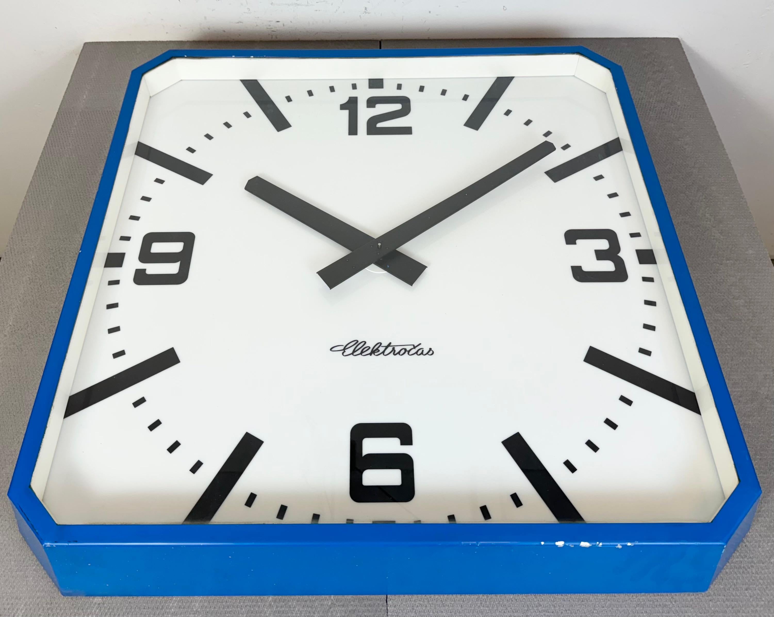 Huge Blue Square Industrial Wall Clock from Elektročas, 1990s For Sale 1