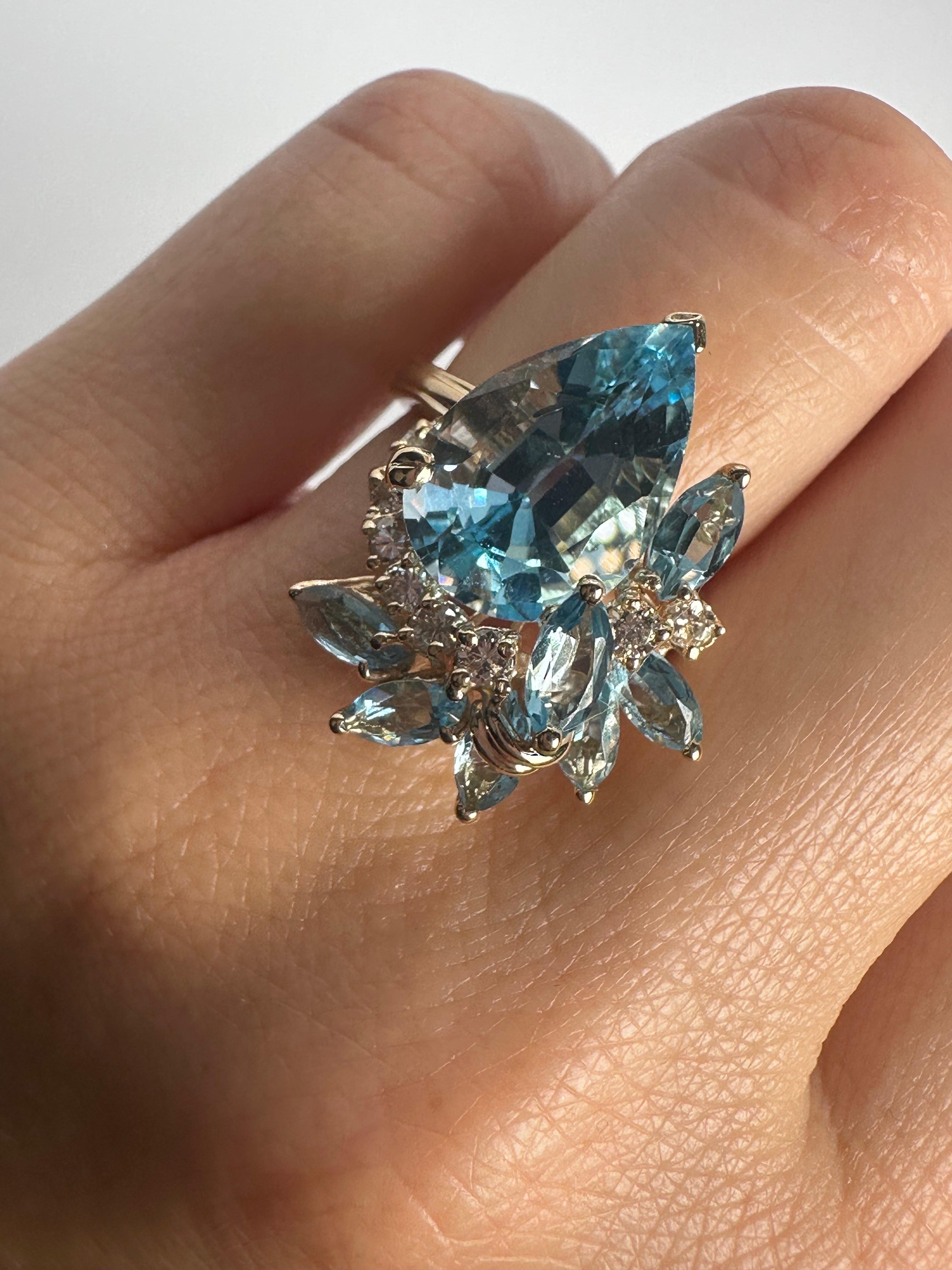 Stunning large cocktail ring with natural blue topaz gemstones and diamonds in 14KT yellow gold, made with large gemstones largest being 15x10mm. All stones are fine quality and workmanship is great.
Size is 7 and can be re-sized.

Comes with