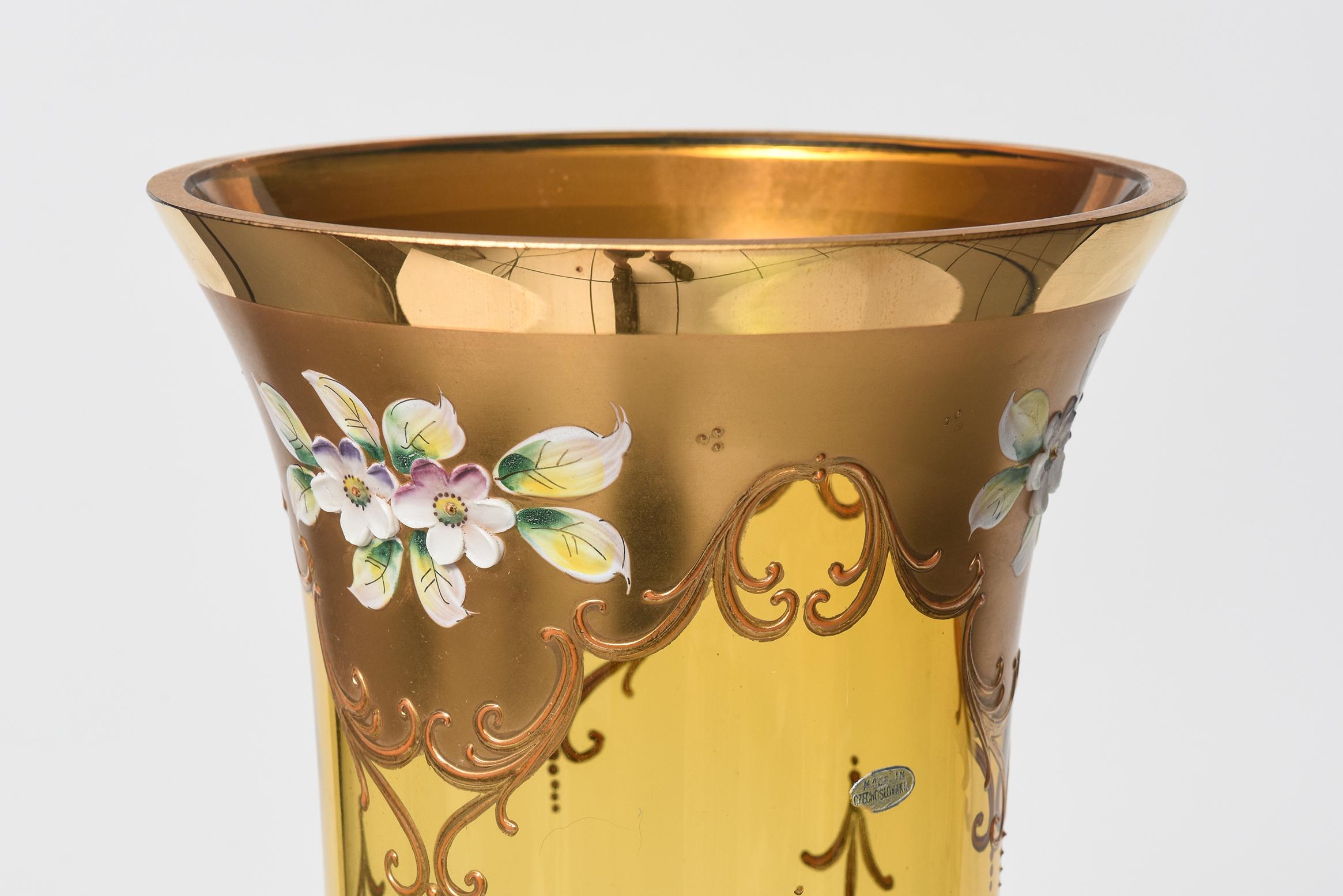 Huge Bohemian Amber Glass Enameled Flower Vase Czechoslovakia 4