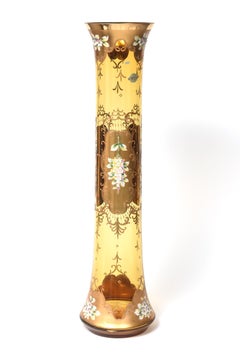 Huge Bohemian Amber Glass Enameled Flower Vase Czechoslovakia