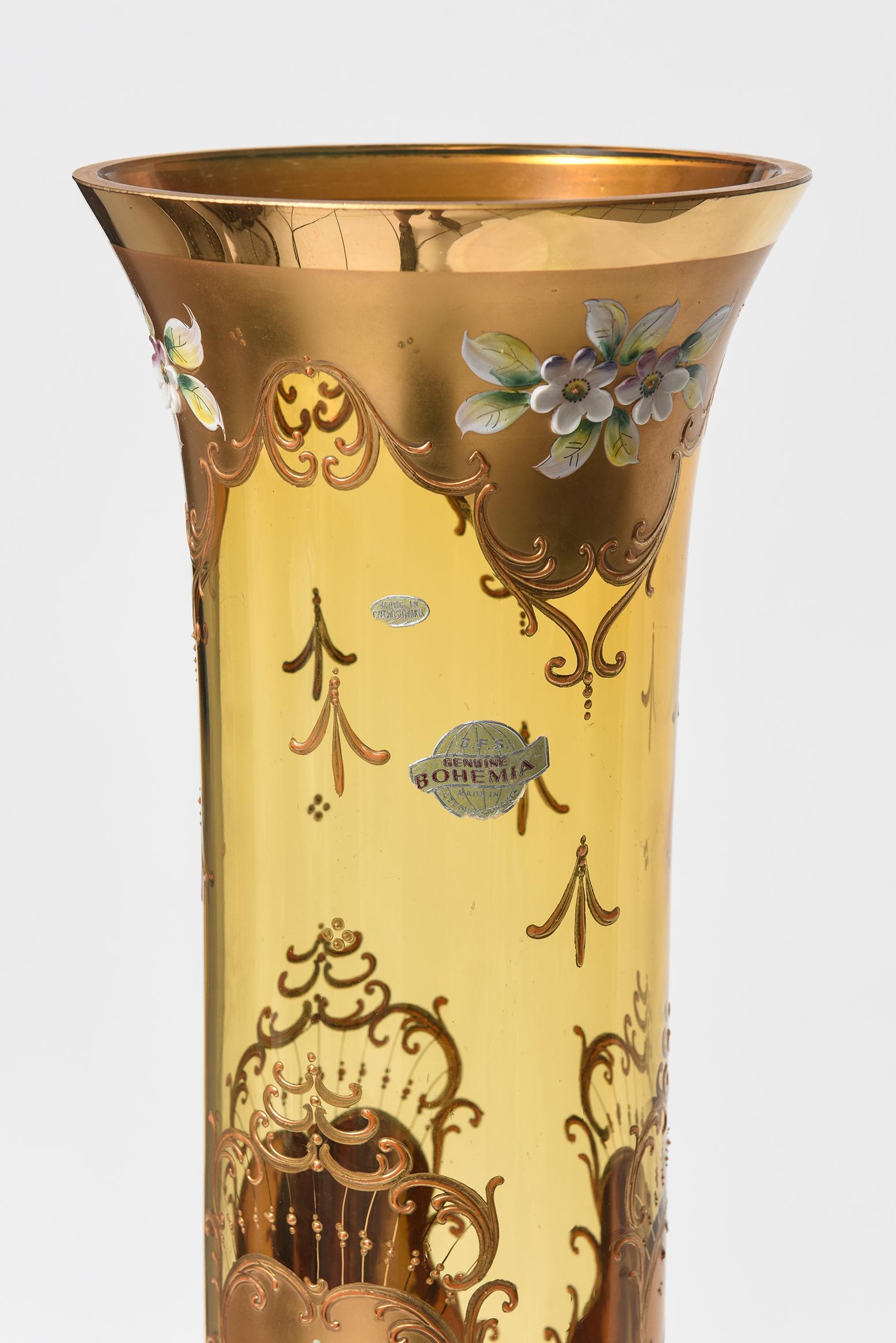 Huge Bohemian Amber Glass Enameled Flower Vase Czechoslovakia In Good Condition In Miami Beach, FL