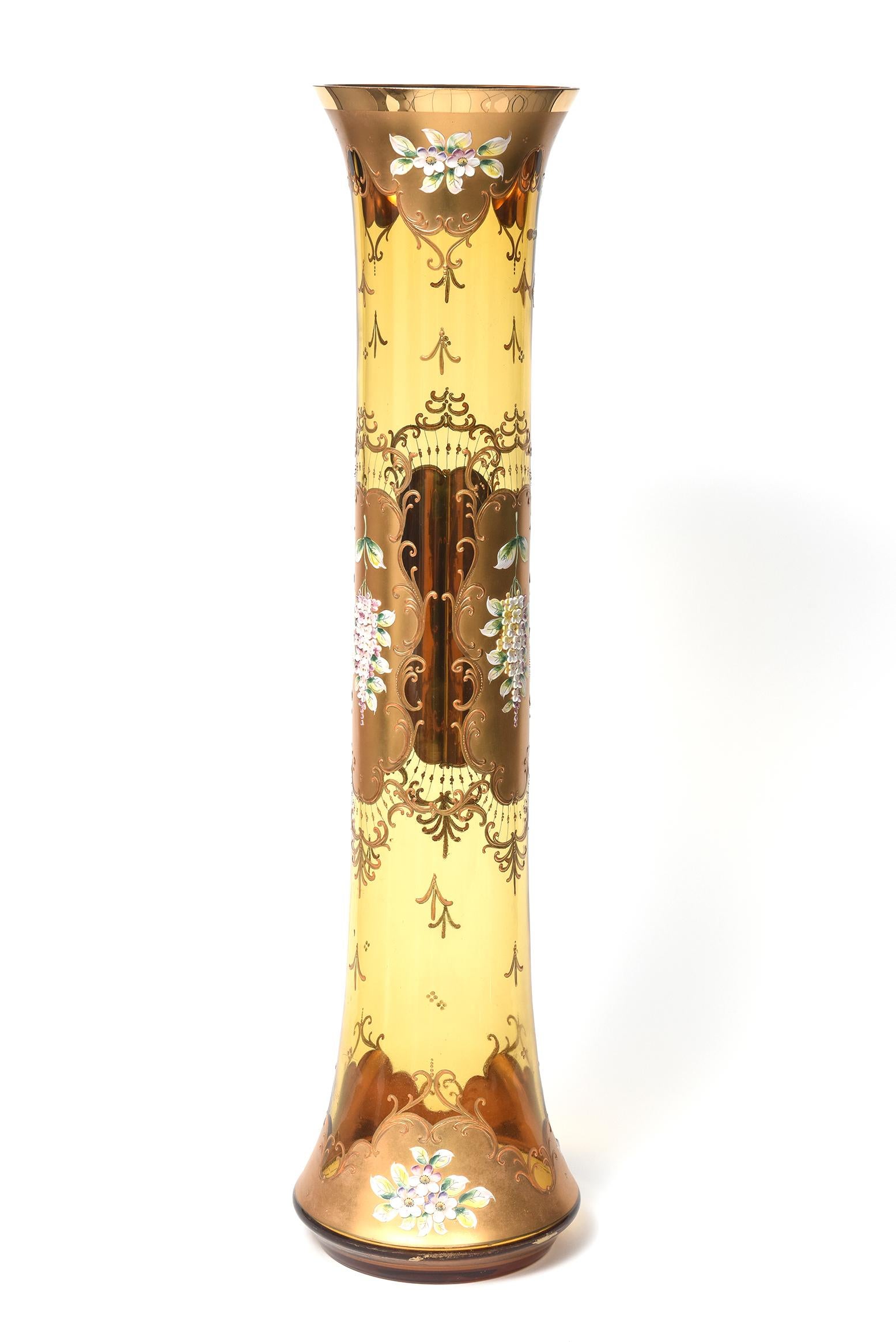 20th Century Huge Bohemian Amber Glass Enameled Flower Vase Czechoslovakia