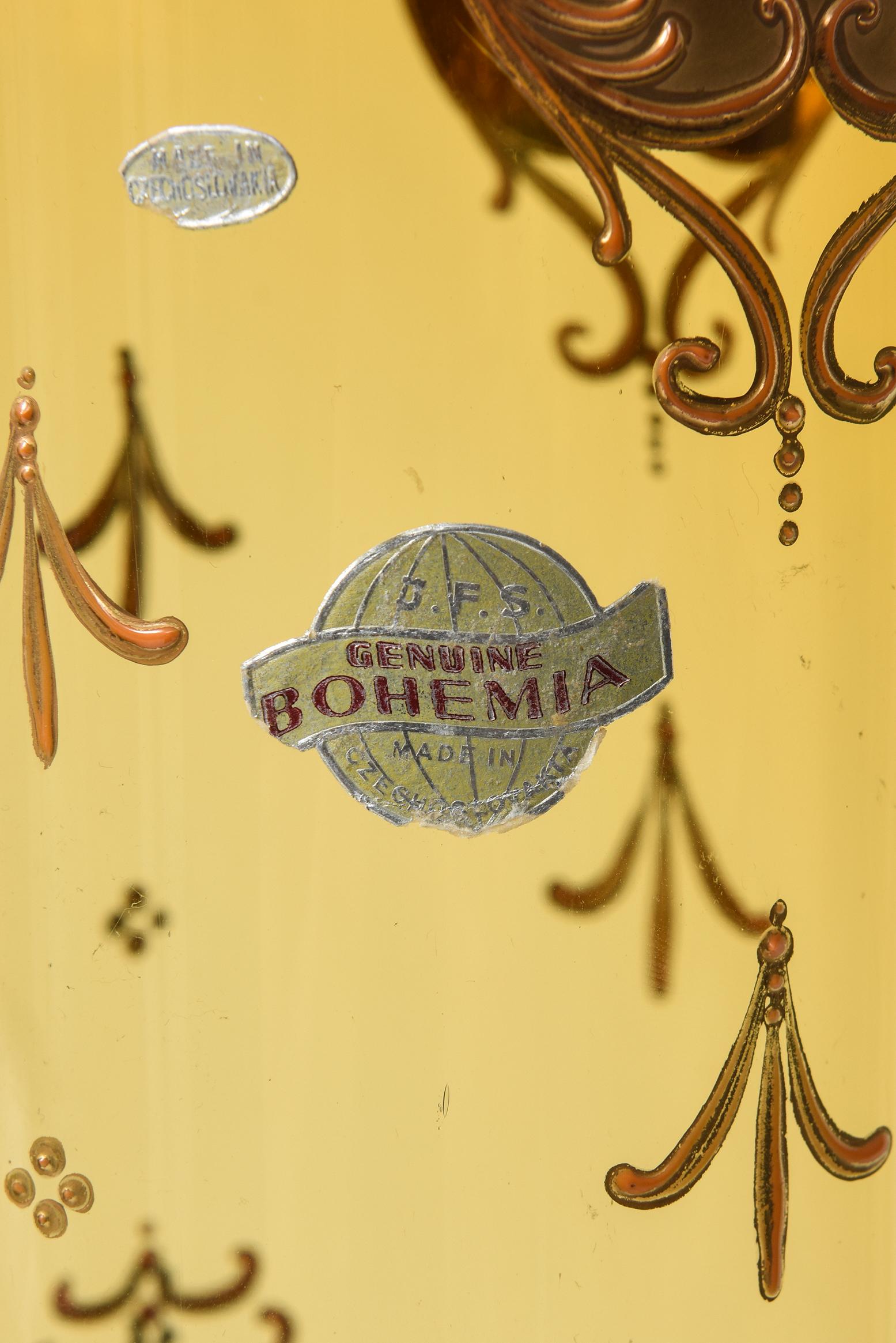 Huge Bohemian Amber Glass Enameled Flower Vase Czechoslovakia 1