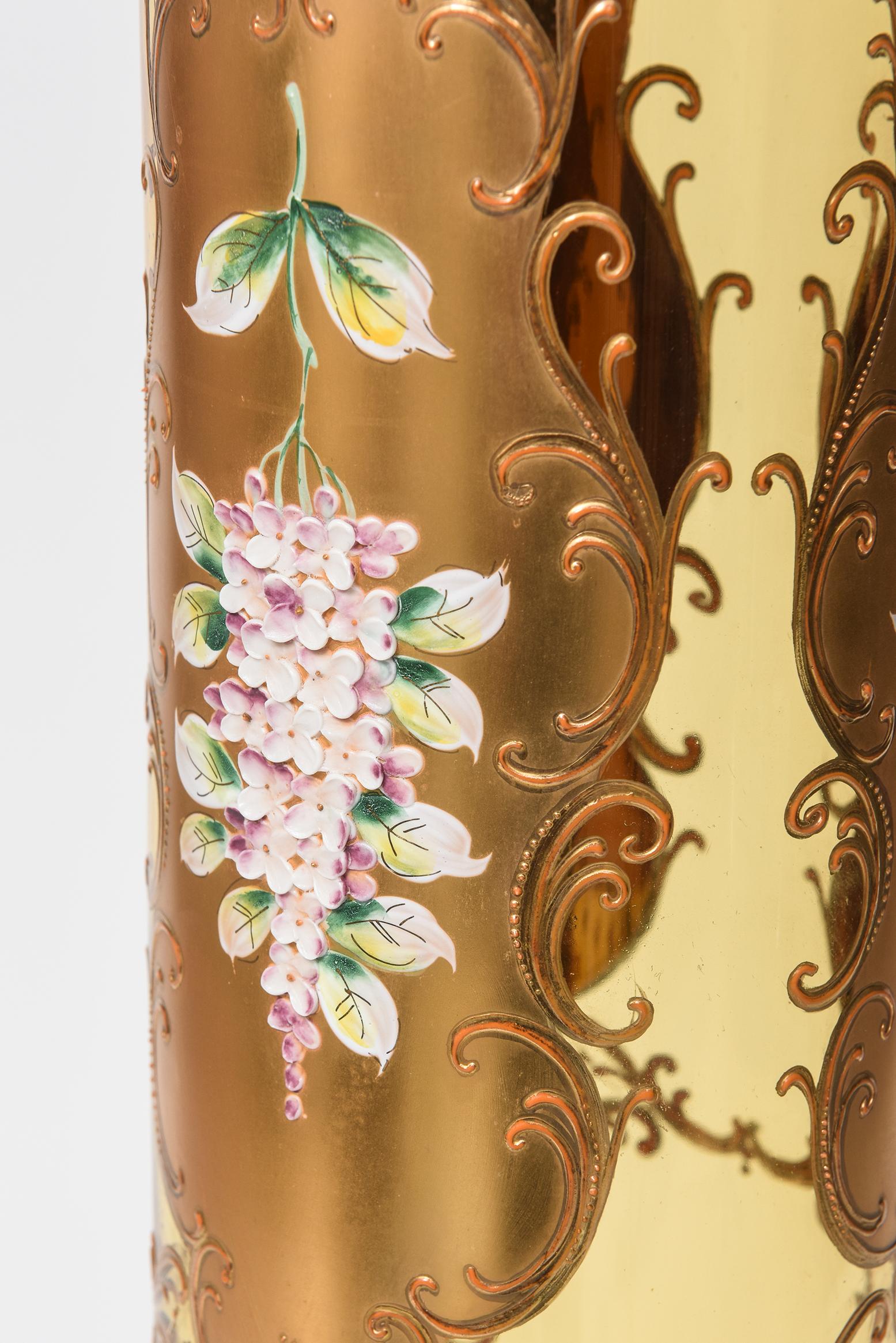 Huge Bohemian Amber Glass Enameled Flower Vase Czechoslovakia 2
