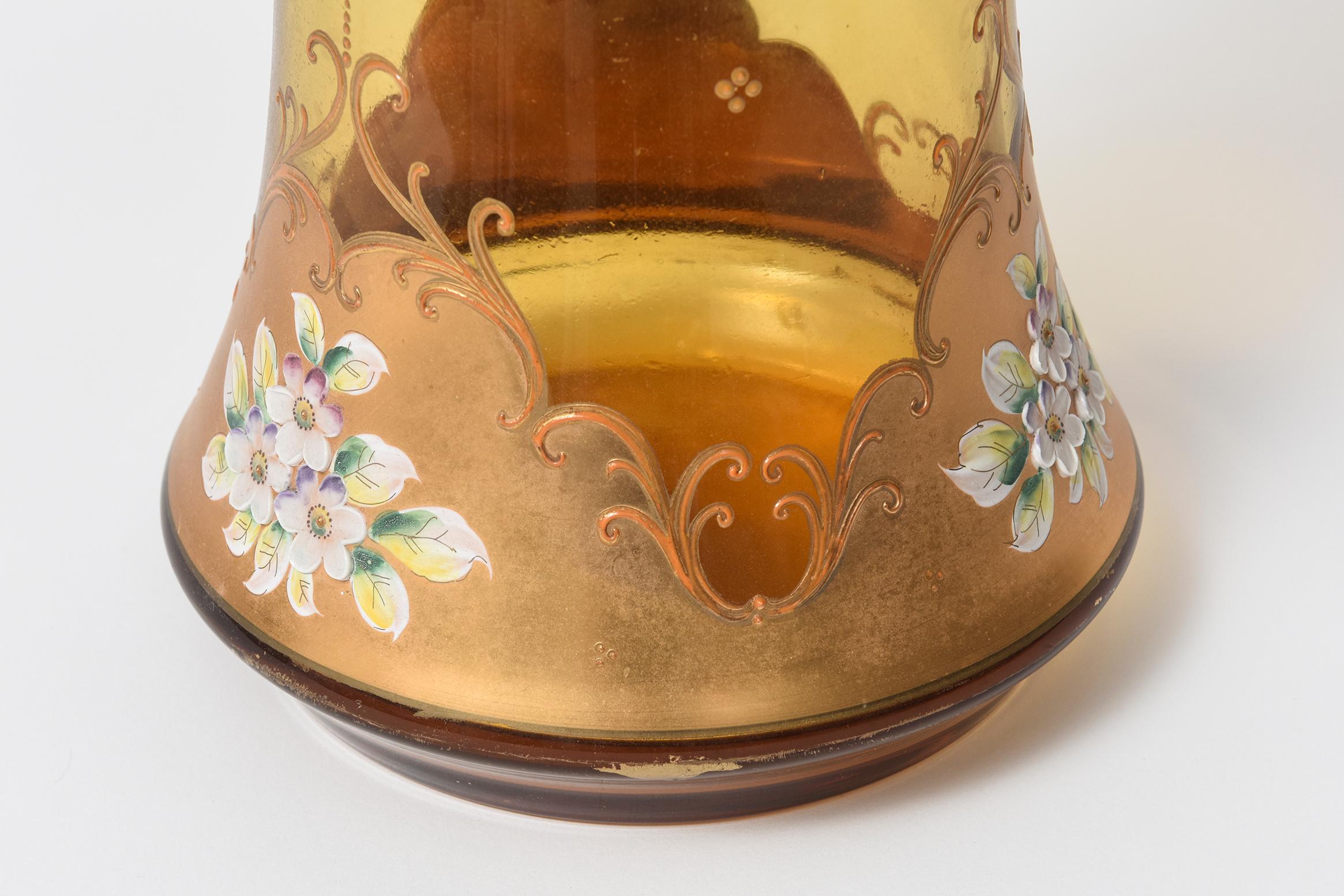 Huge Bohemian Amber Glass Enameled Flower Vase Czechoslovakia 3