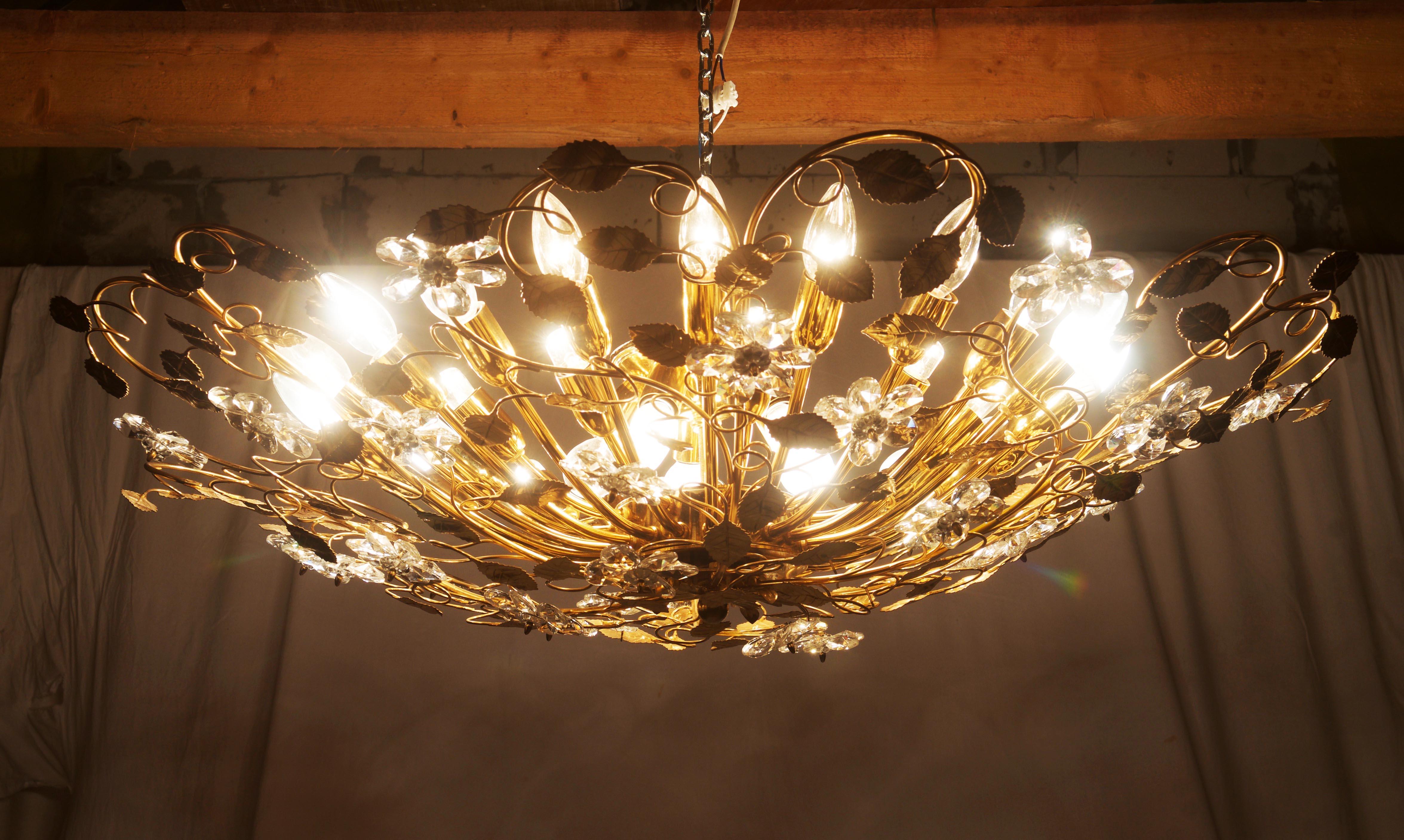 Huge Bras and Crystal Flush Mount Chandelier In Excellent Condition For Sale In Vienna, AT
