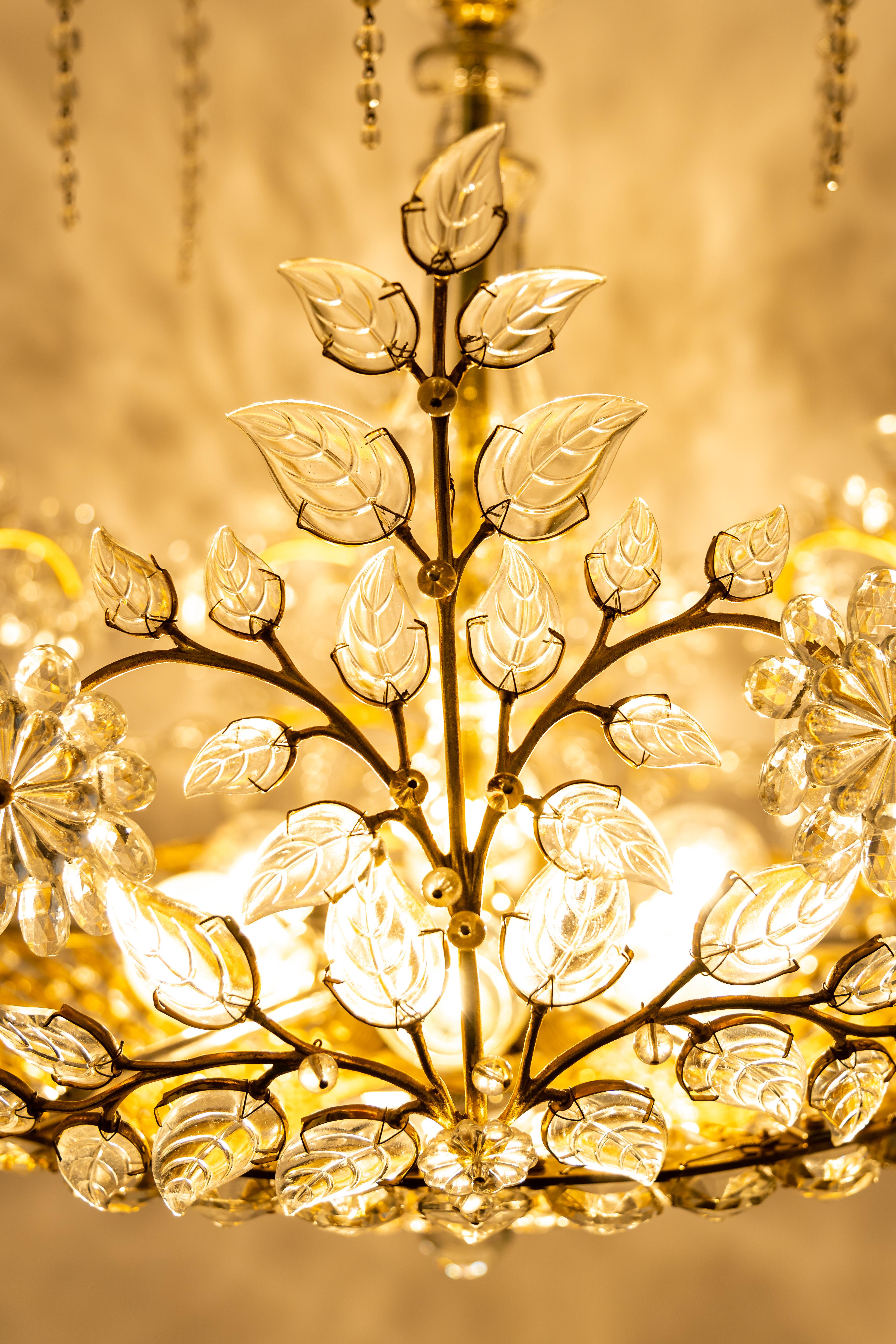 Huge Brass and Crystal Chandelier, Designed by Palwa, Germany, 1970s 6