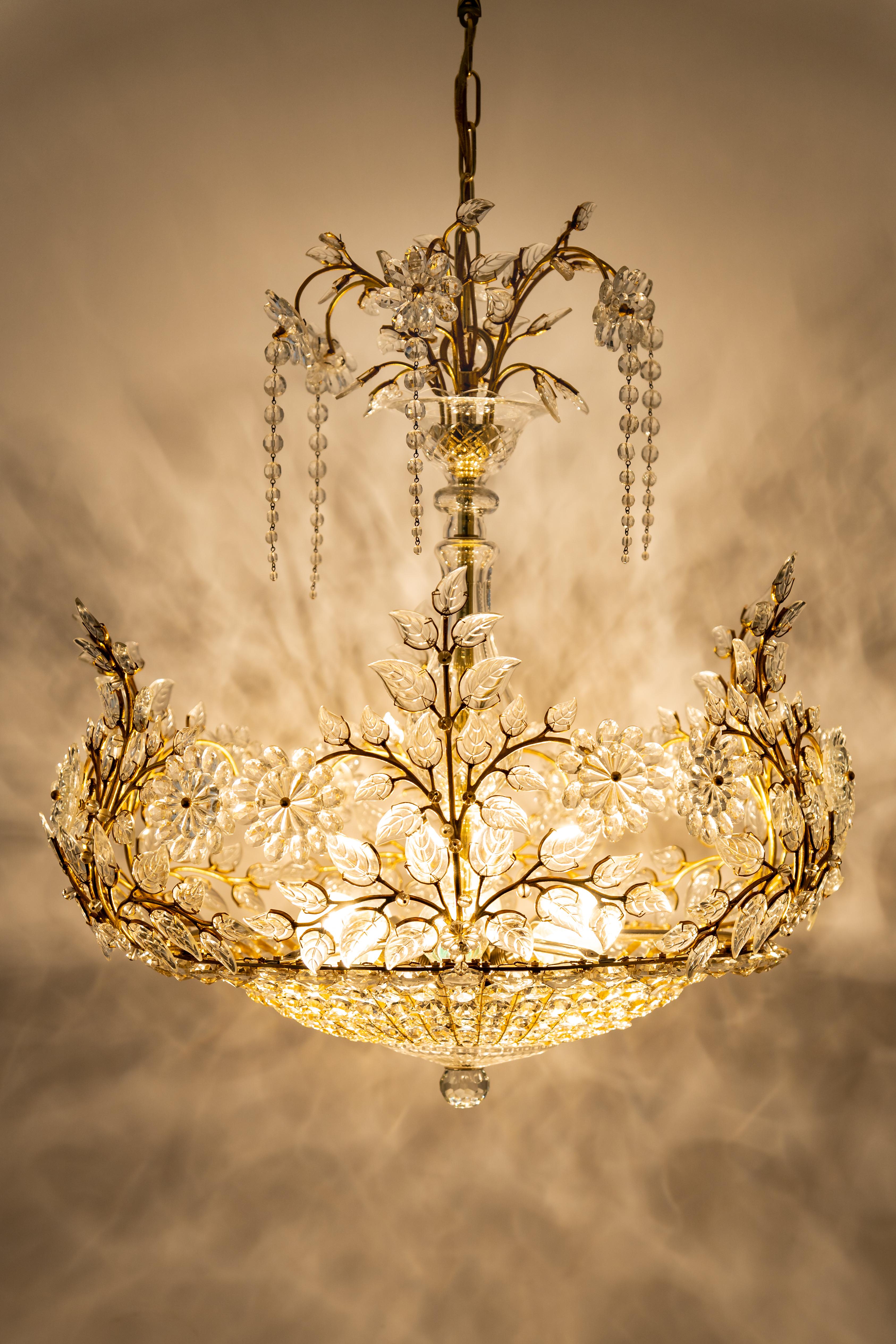 Huge Brass and Crystal Chandelier, Designed by Palwa, Germany, 1970s 7