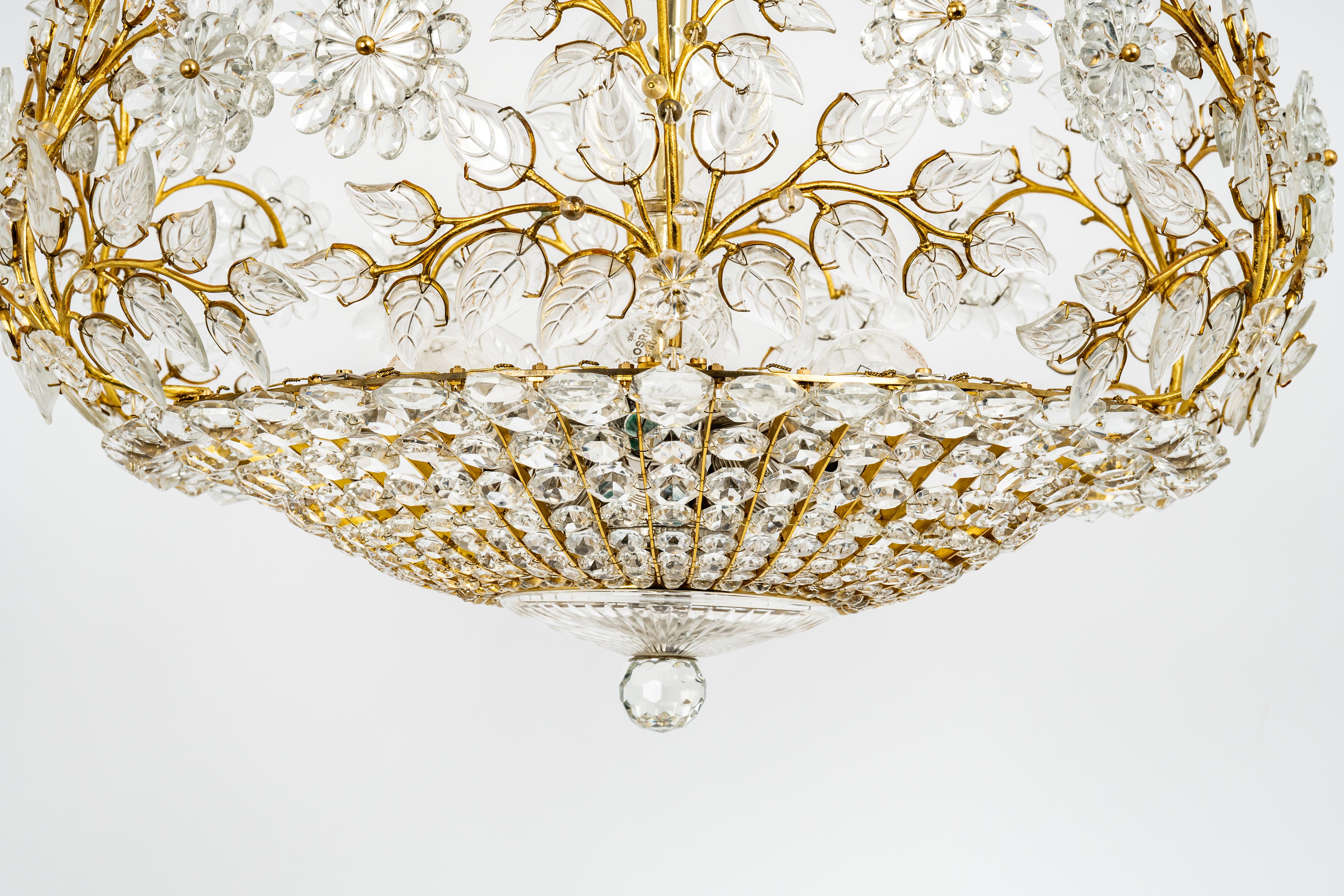 Mid-Century Modern Huge Brass and Crystal Chandelier, Designed by Palwa, Germany, 1970s