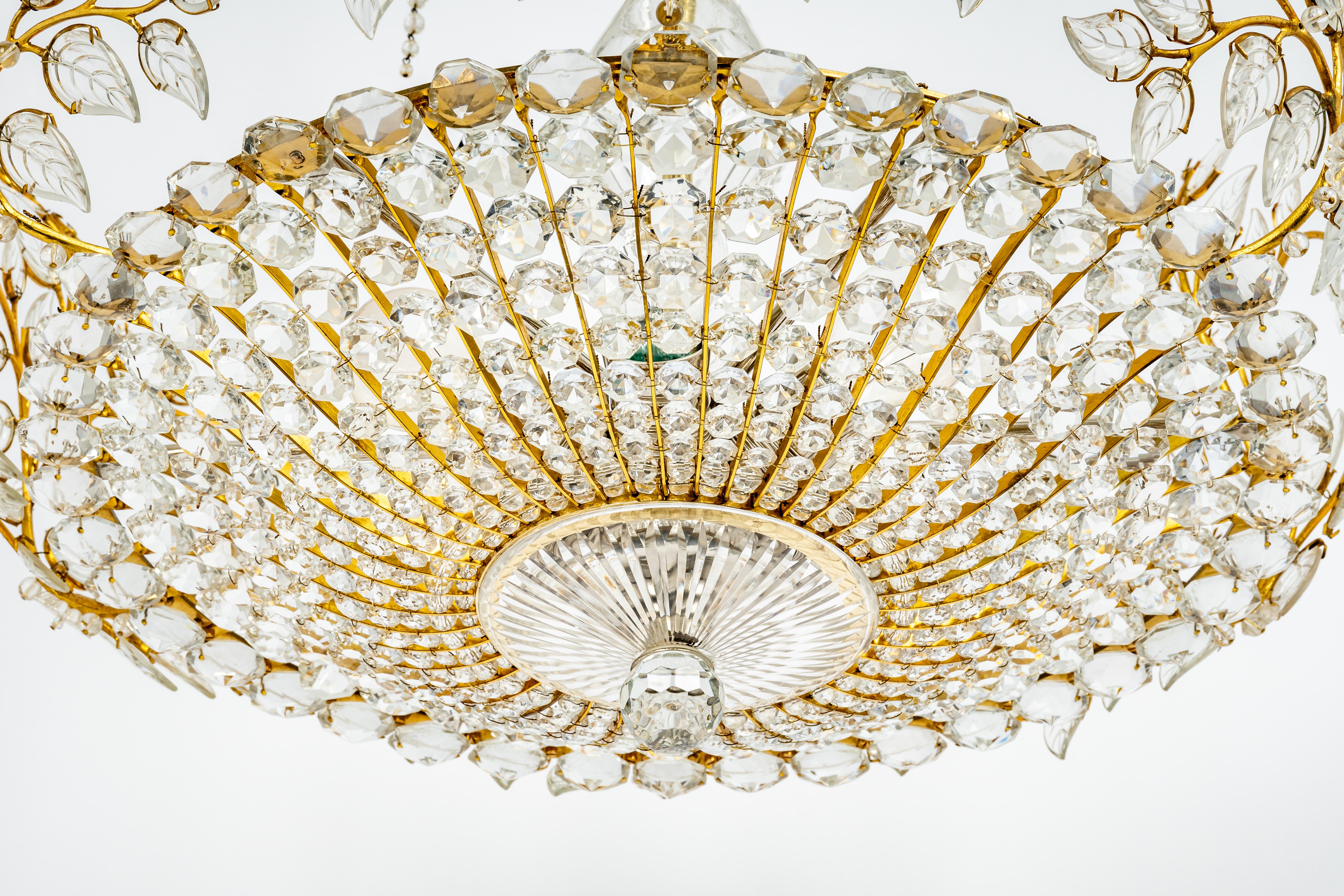 Huge Brass and Crystal Chandelier, Designed by Palwa, Germany, 1970s In Good Condition In Aachen, NRW