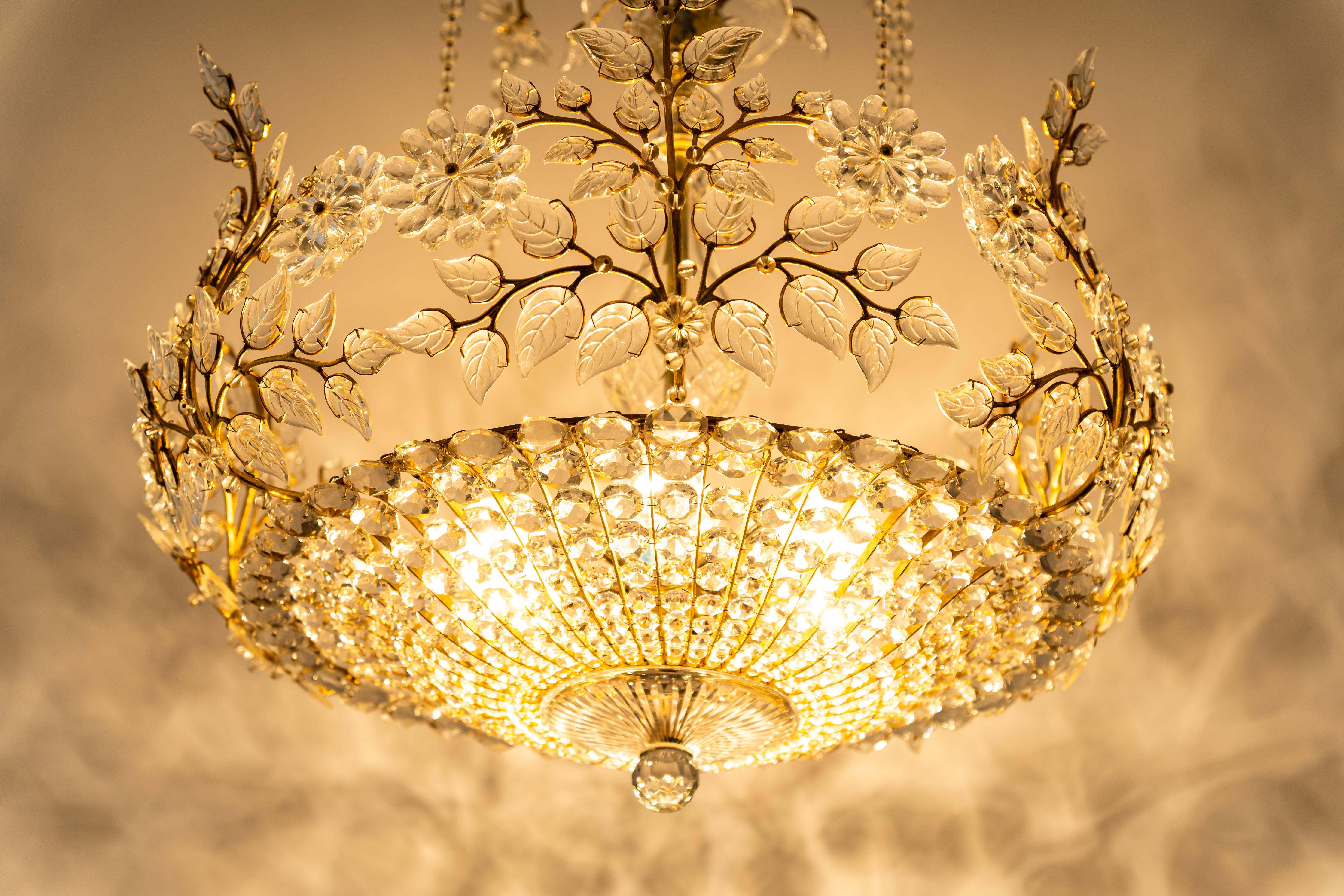 Huge Brass and Crystal Chandelier, Designed by Palwa, Germany, 1970s 4