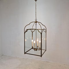 Énorme lanterne de salle française en laiton et verre