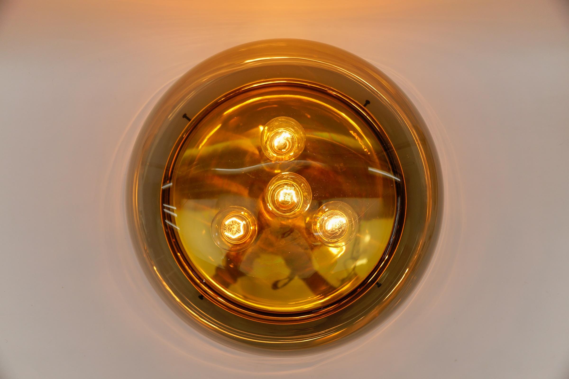 Huge Brass and Smoked Glass Flush Mount by Limburg, Germany 1960s For Sale 4