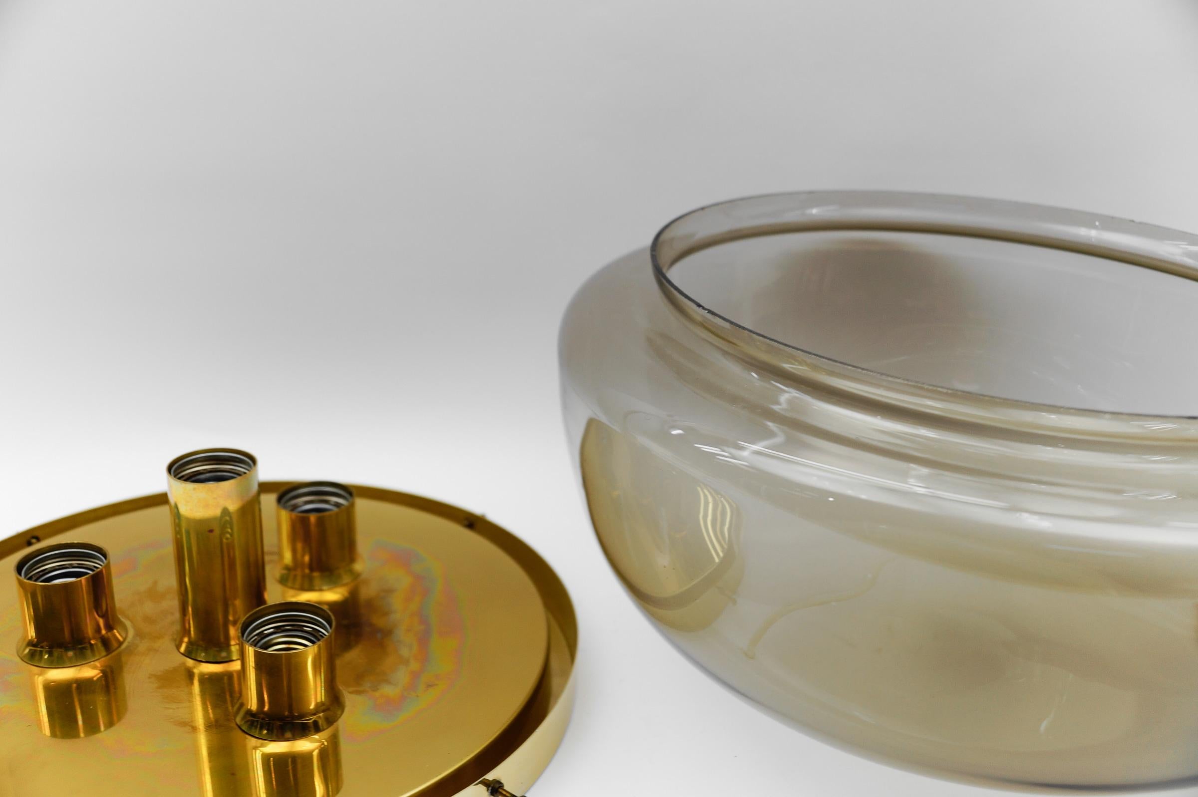 Huge Brass and Smoked Glass Flush Mount by Limburg, Germany 1960s For Sale 5