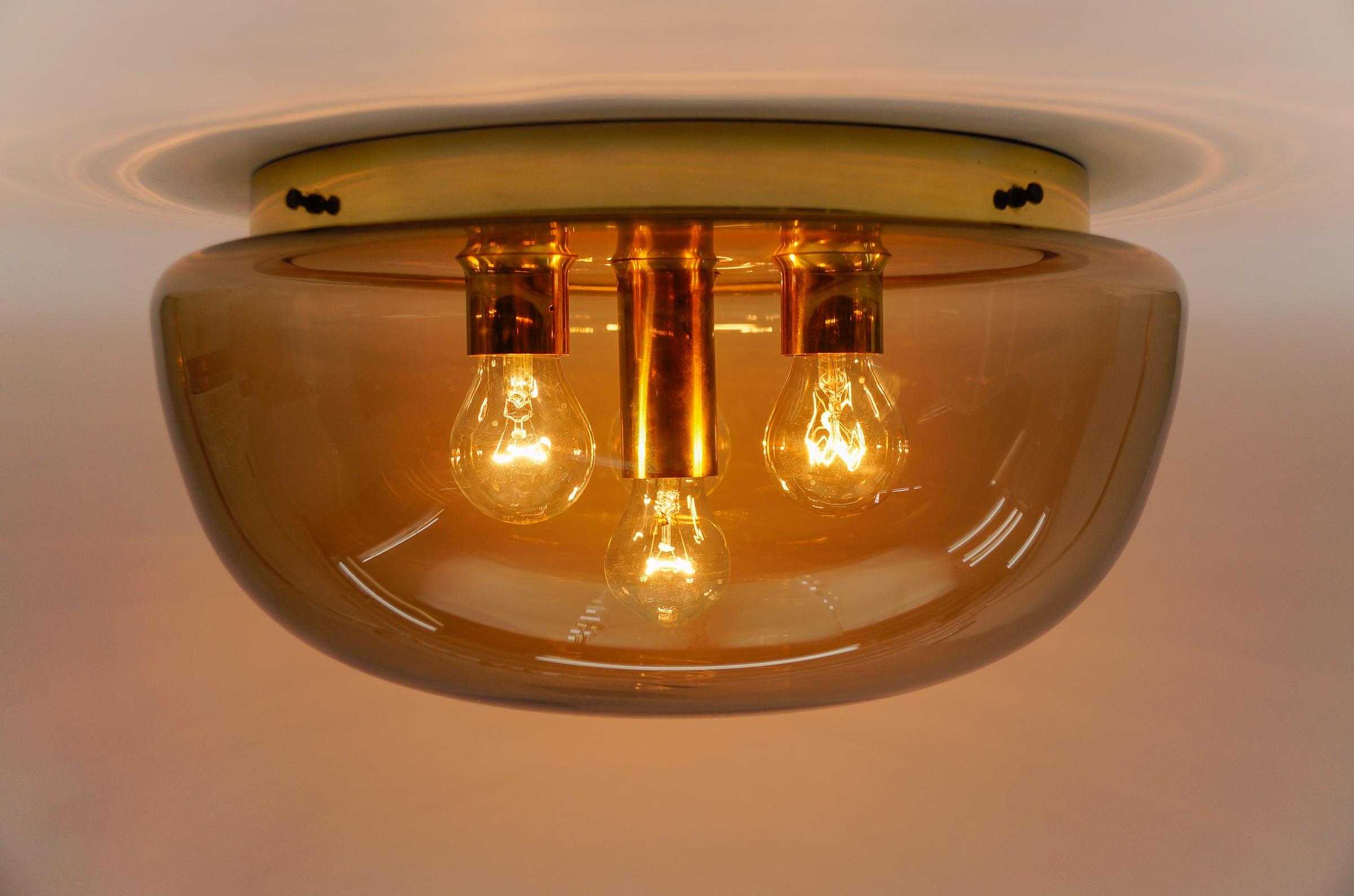 Mid-Century Modern Huge Brass and Smoked Glass Flush Mount by Limburg, Germany 1960s For Sale