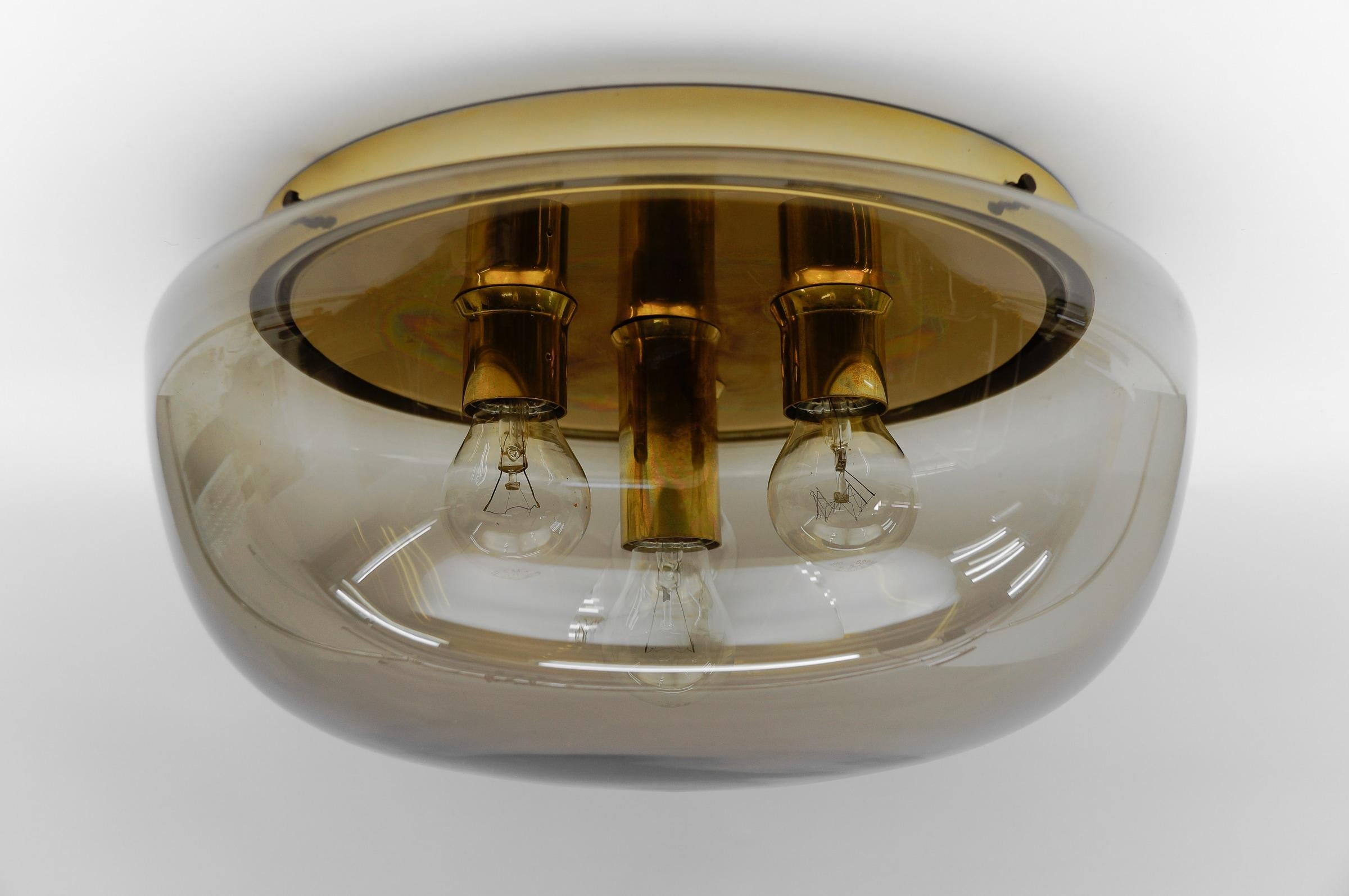 Mid-20th Century Huge Brass and Smoked Glass Flush Mount by Limburg, Germany 1960s For Sale