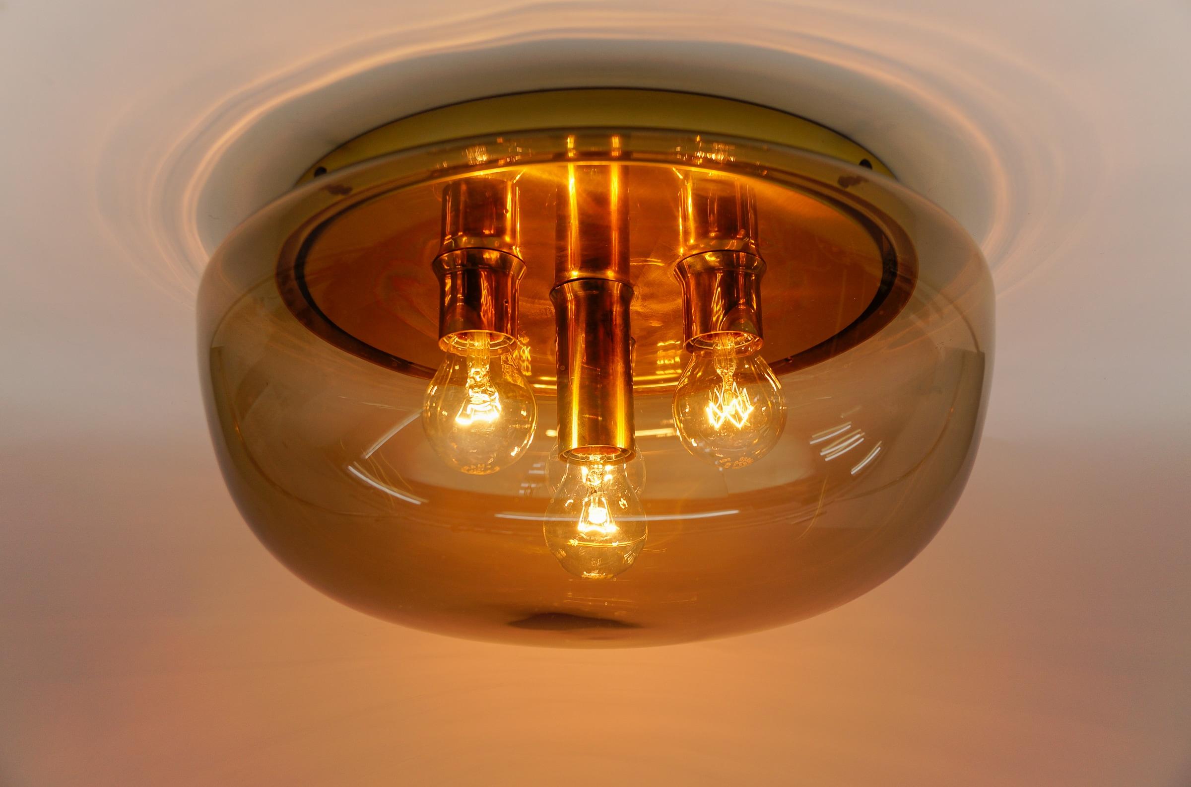 Metal Huge Brass and Smoked Glass Flush Mount by Limburg, Germany 1960s For Sale