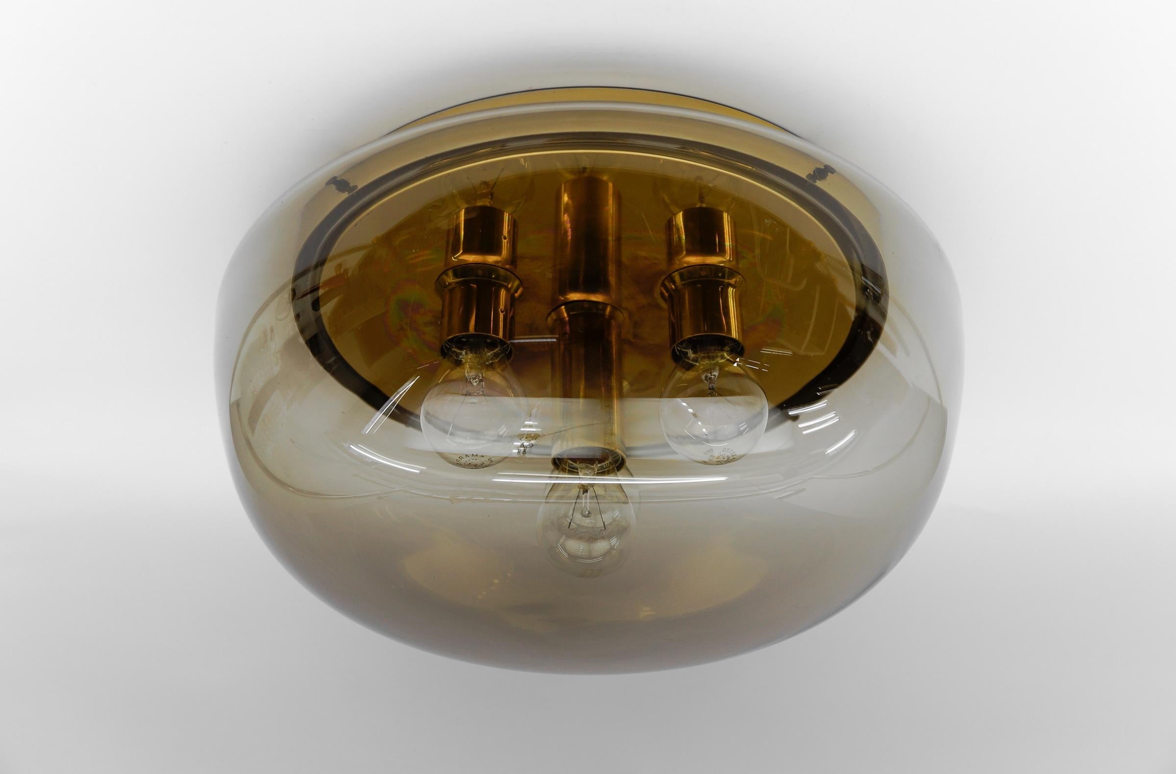 Huge Brass and Smoked Glass Flush Mount by Limburg, Germany 1960s For Sale 1