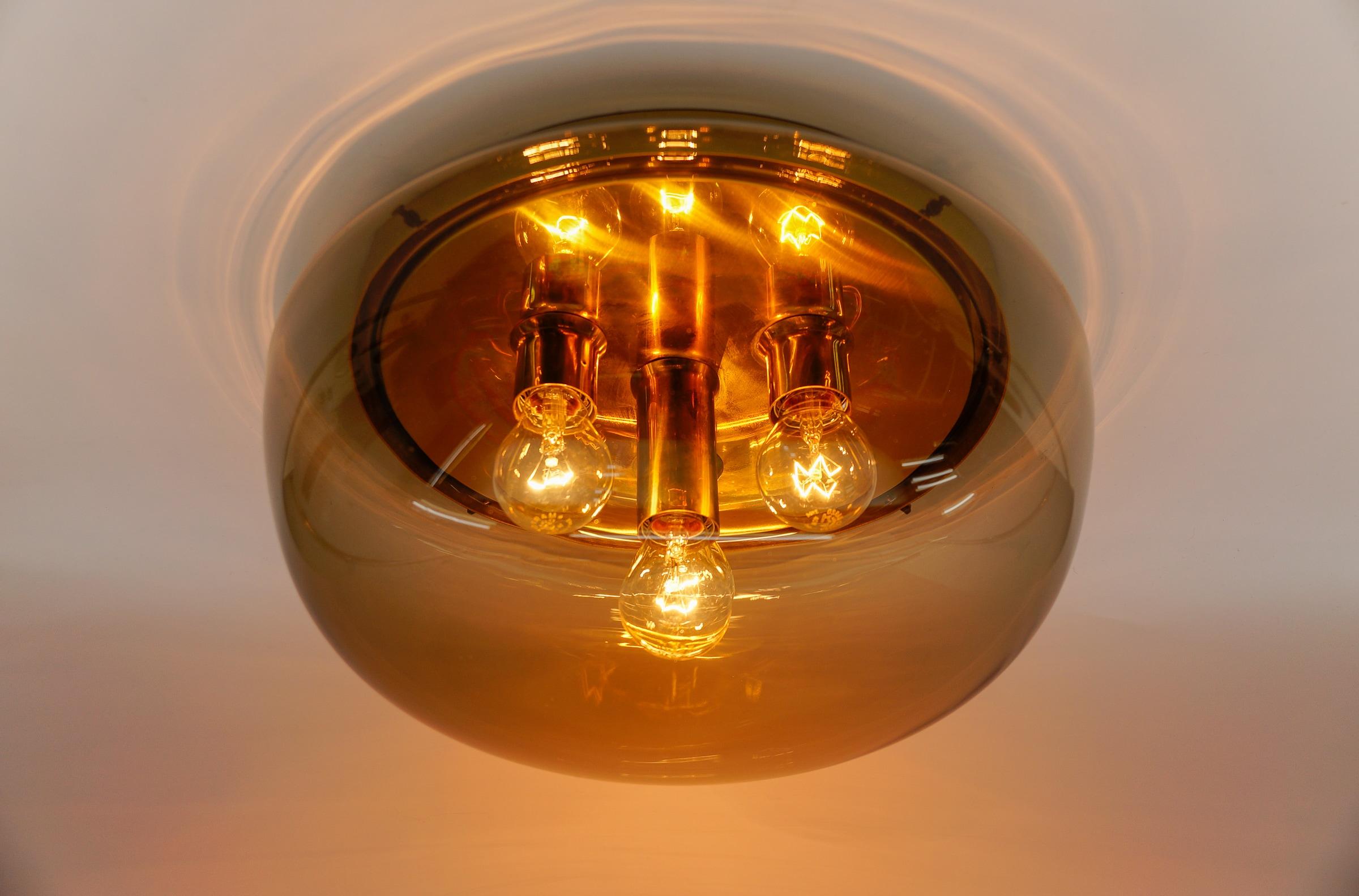Huge Brass and Smoked Glass Flush Mount by Limburg, Germany 1960s For Sale 2