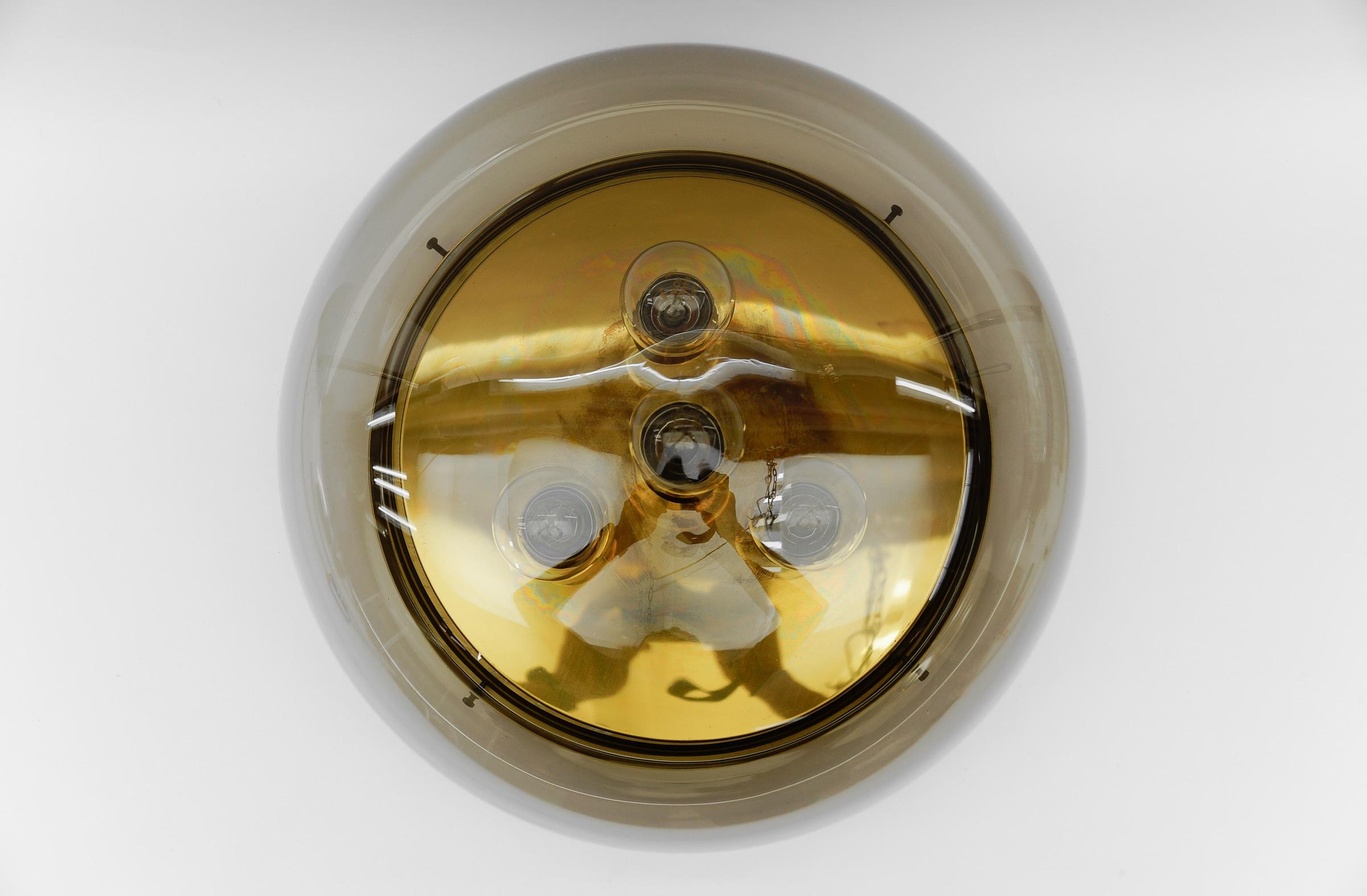 Huge Brass and Smoked Glass Flush Mount by Limburg, Germany 1960s For Sale 3