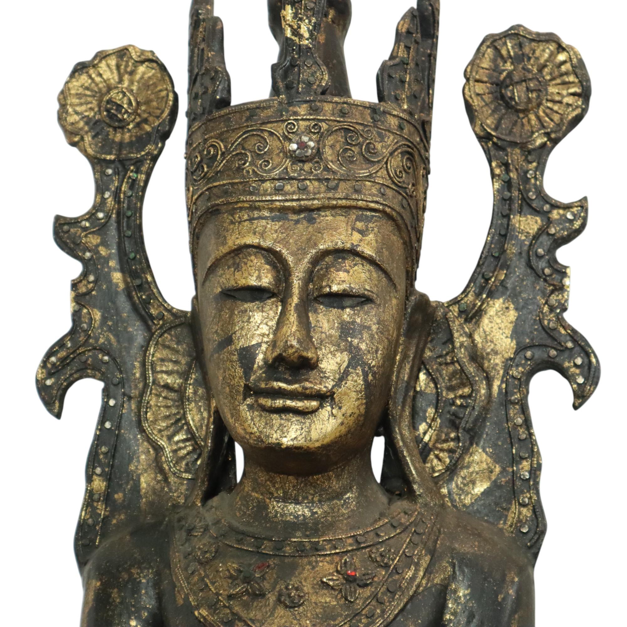 Enorme Buda Estatua de Madera Dorada Birmania Envejecida 135cm en venta 10