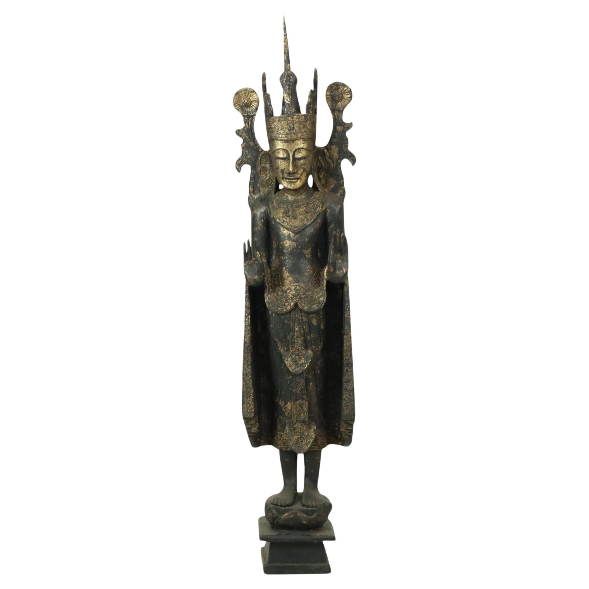 Enorme Buda Estatua de Madera Dorada Birmania Envejecida 135cm en venta
