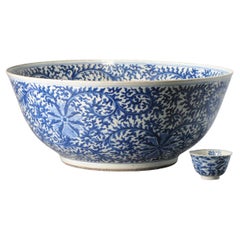 Huge circa 1800 Chinese Porcelain Bowl Cobalt Blue Flower Decoration