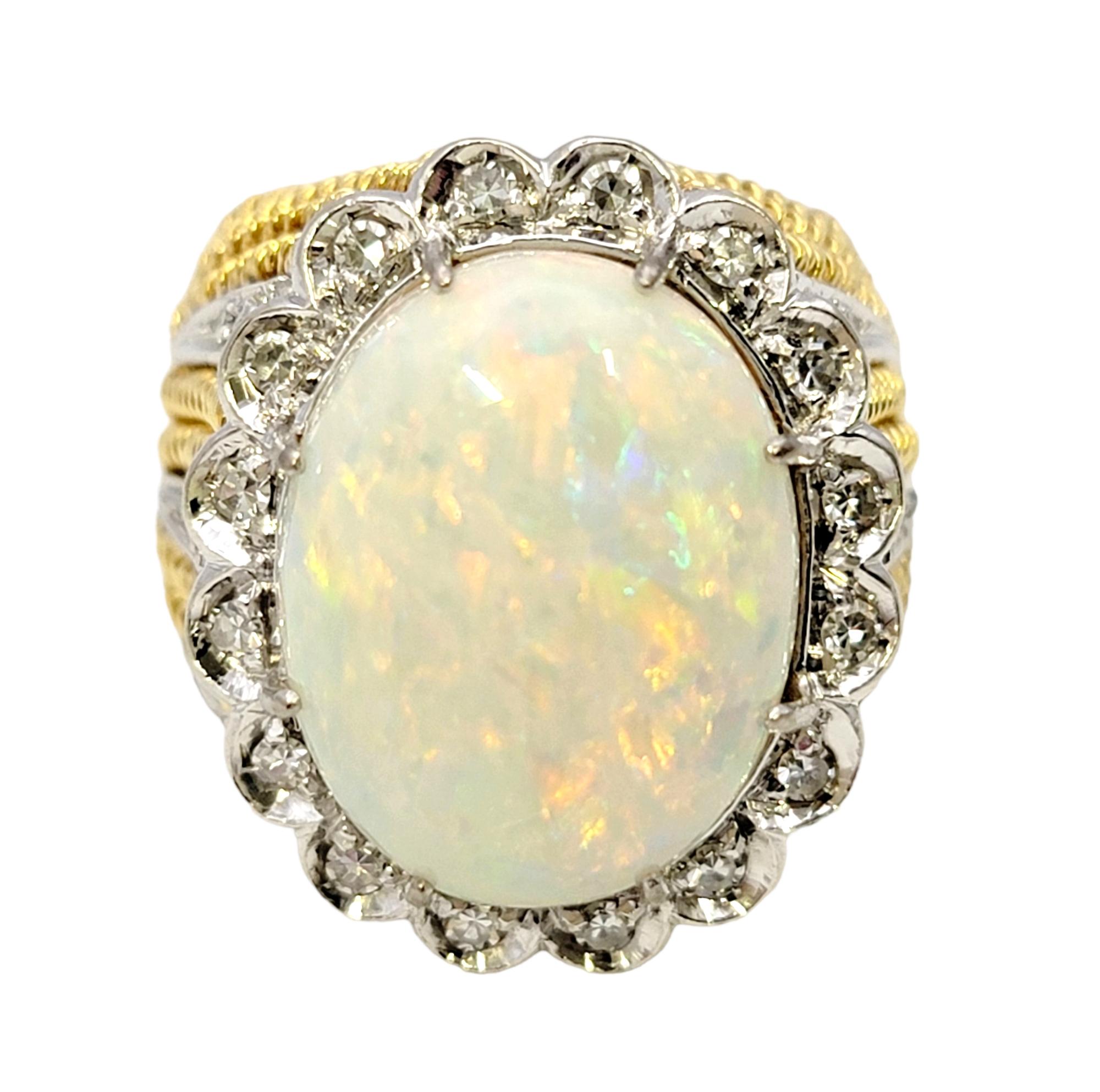 Contemporary Huge Cabochon Opal Cocktail Ring with Diamond Halo in 18 Karat Yellow Gold For Sale