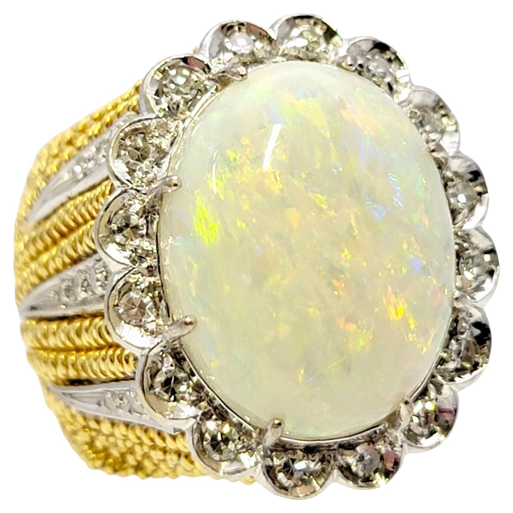 Oval Cut Huge Cabochon Opal Cocktail Ring with Diamond Halo in 18 Karat Yellow Gold For Sale