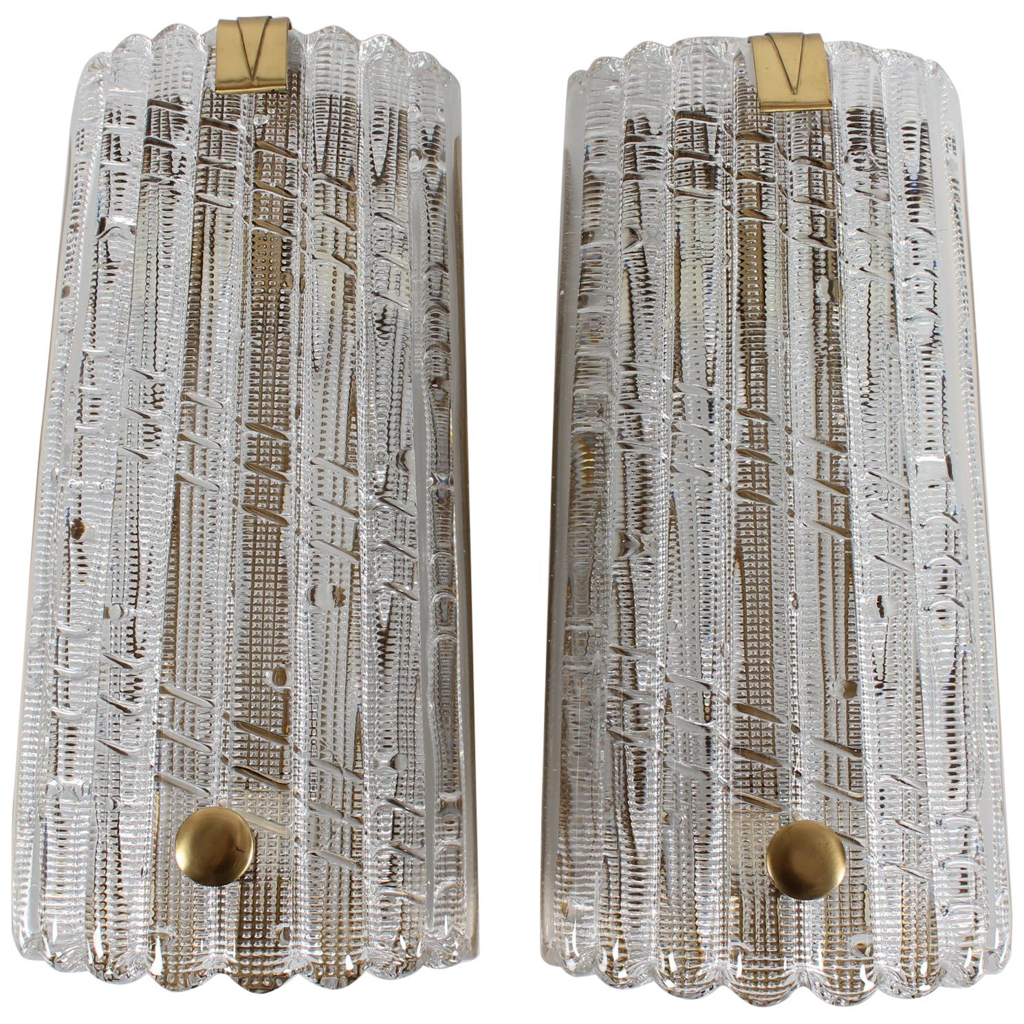 King Size Carl Fagerlund Vintage Pair Glass Wall Sconces, Orrefors Sweden, 1960