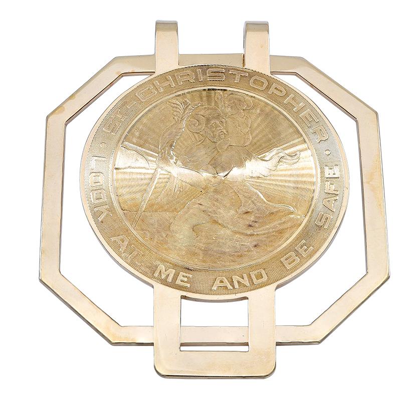 Large octagonal money clip with a St. Christopher medal, 1 1/2