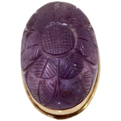 Huge Carved Amethyst Ring 14 Karat Yellow Gold