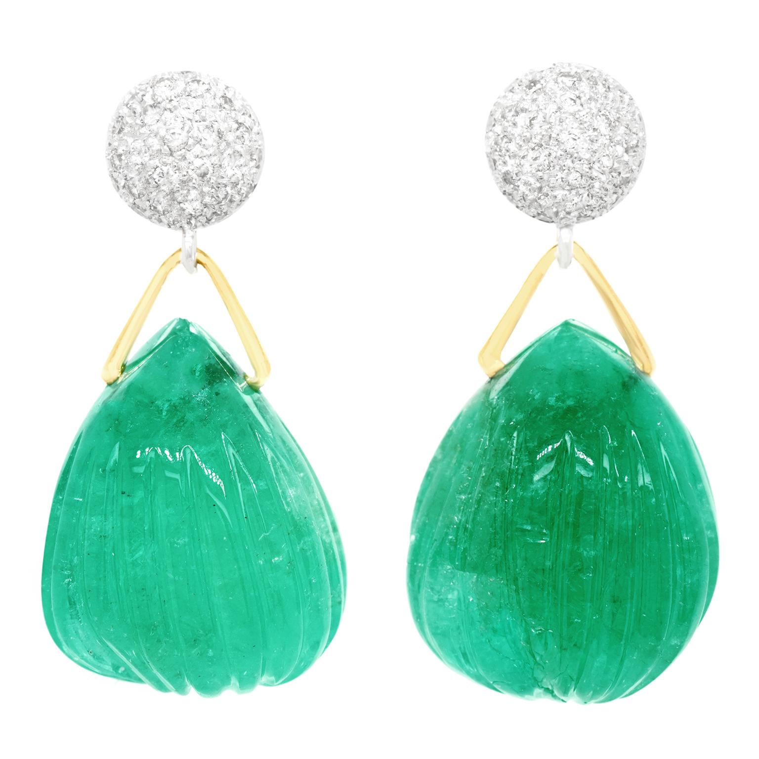 Huge Carved Emerald and Diamond-set Gold Earrings 1