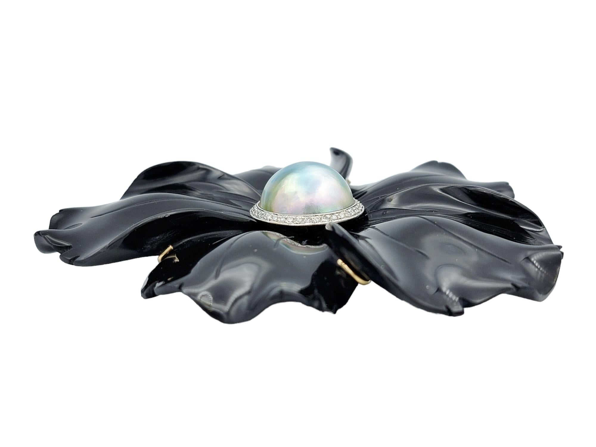 Contemporary Huge Carved Onyx Flower Brooch with Mabe Pearl and Diamond Halo in 18 Karat Gold