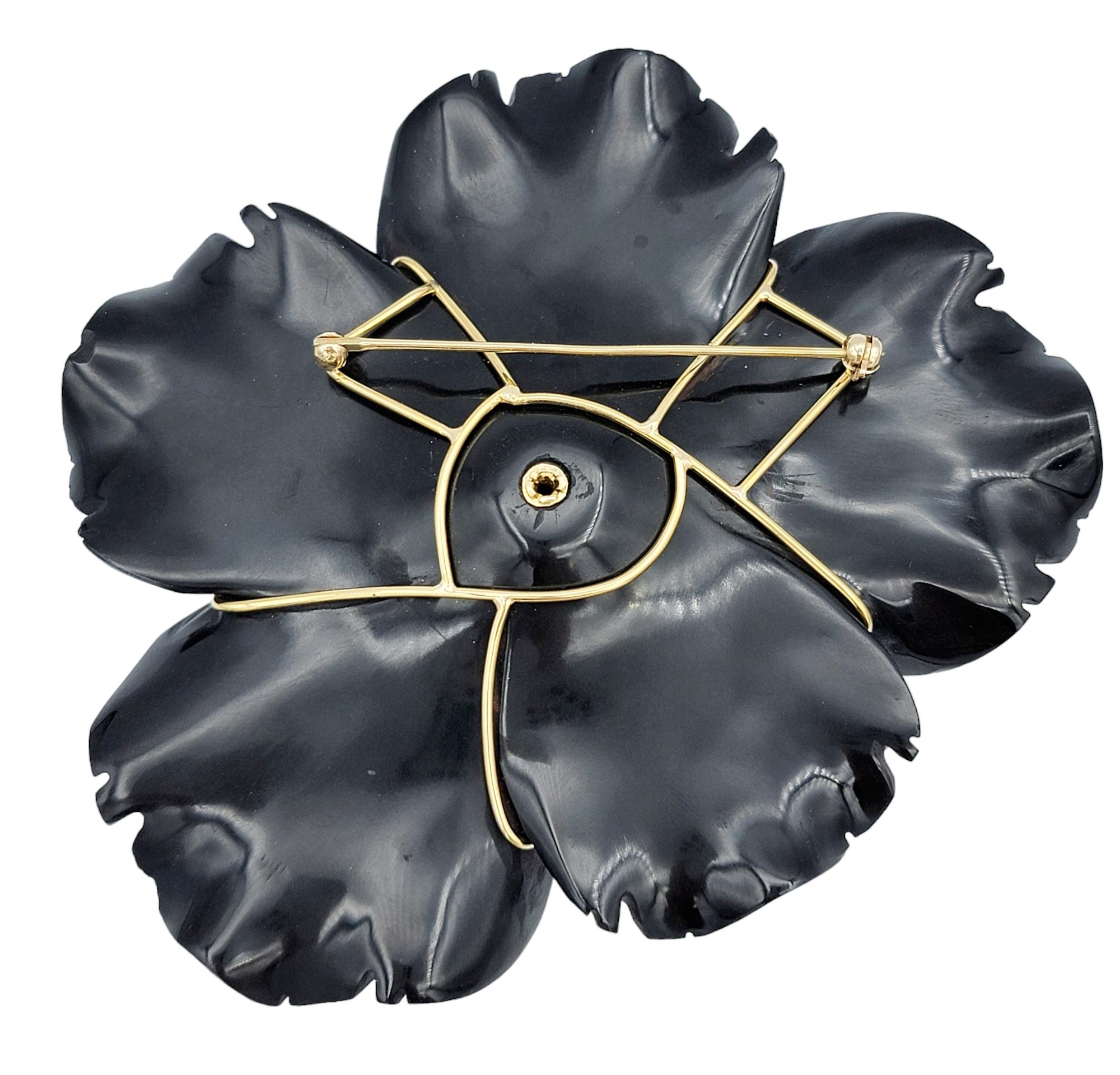 Women's Huge Carved Onyx Flower Brooch with Mabe Pearl and Diamond Halo in 18 Karat Gold For Sale