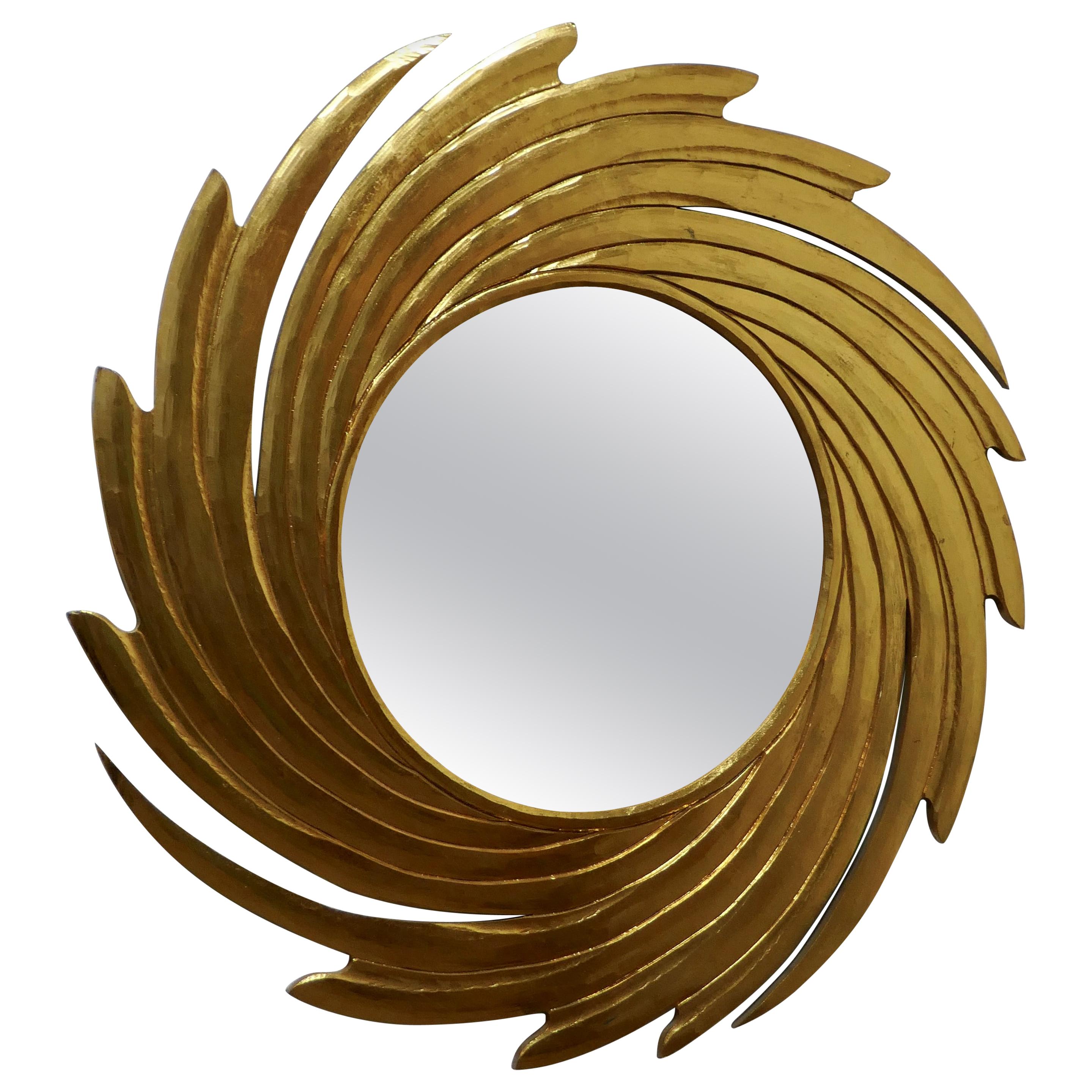 Huge Carved Sunburst Swirl Gilt Mirror For Sale