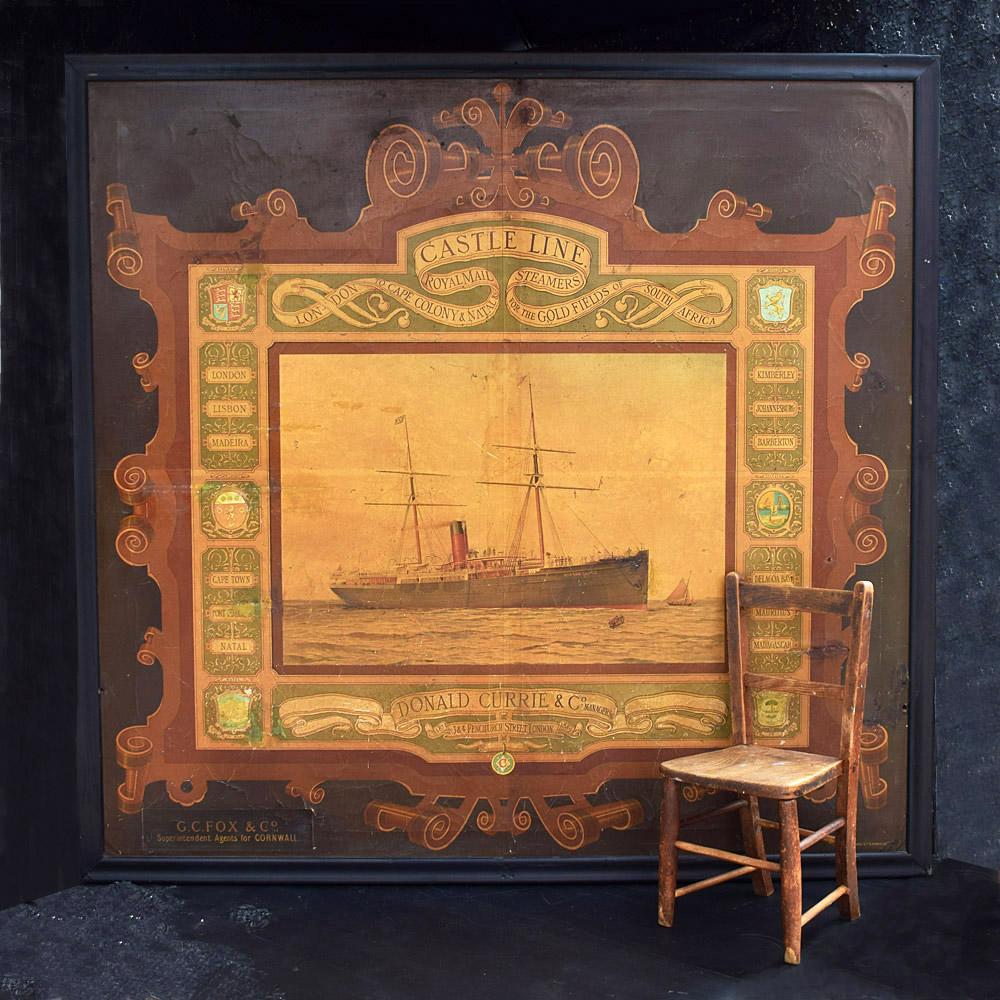 We are proud to offer a rare example of a late 19th century chromolithograph on canvas advertising sign for Castle Line still in its original ebonized wooden frame. This is a huge sized example and recently uncovered from a stately home in Cornwall