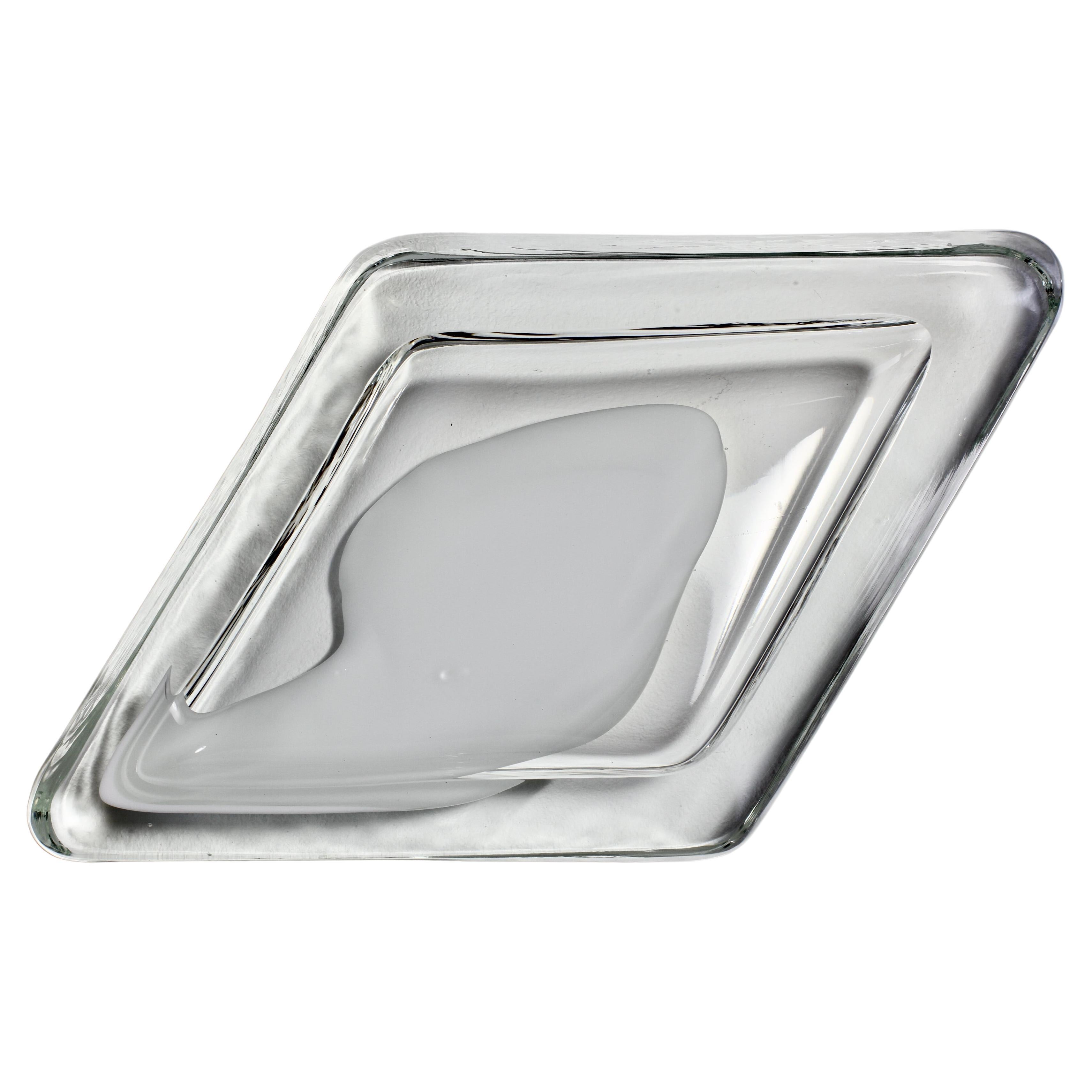 Huge Cenedese Italian Rhombus White and Clear Murano Glass Bowl, Dish, Ashtray For Sale