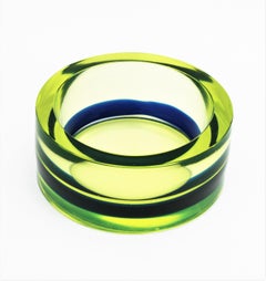 XXL Cenedese Murano Blue Neon Yellow Sommerso Italian Art Glass Bowl, 1960