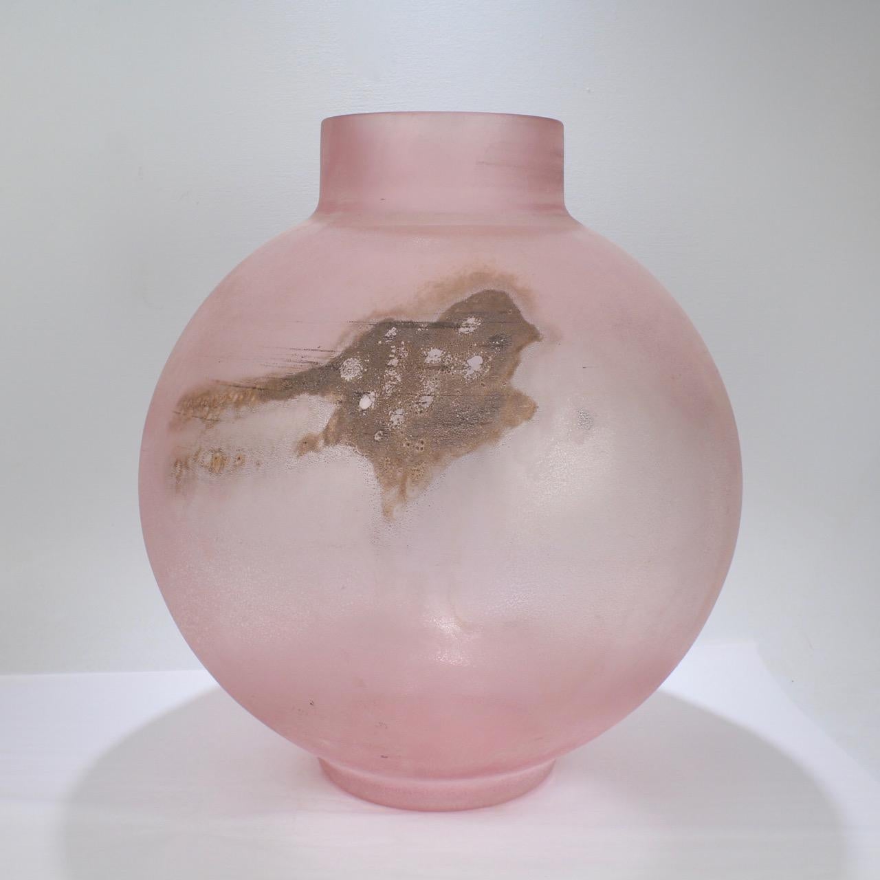 Huge Cenedese Pink Scavo Spherical or Globe Shaped Murano Glass Vase For Sale 5