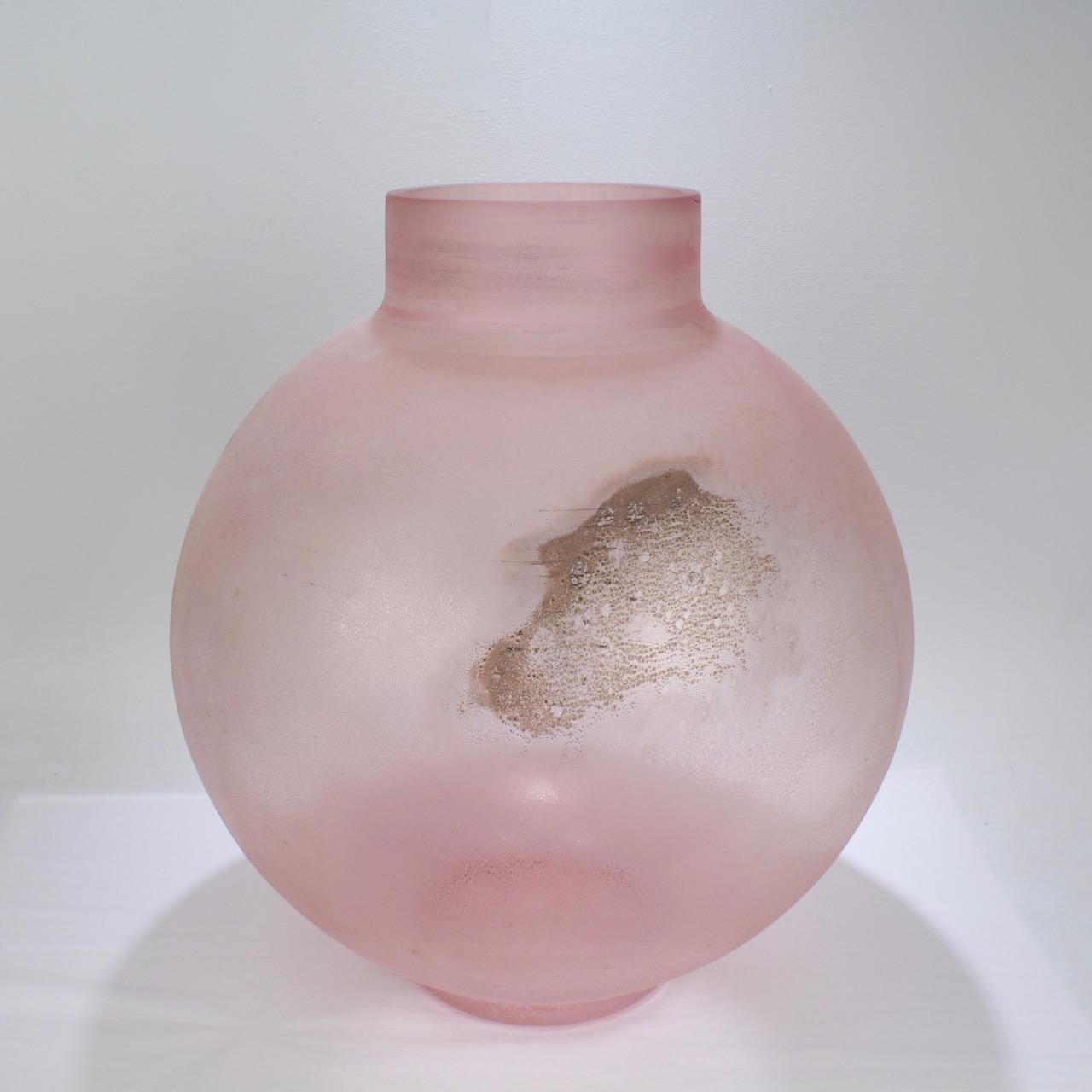 Post-Modern Huge Cenedese Pink Scavo Spherical or Globe Shaped Murano Glass Vase For Sale