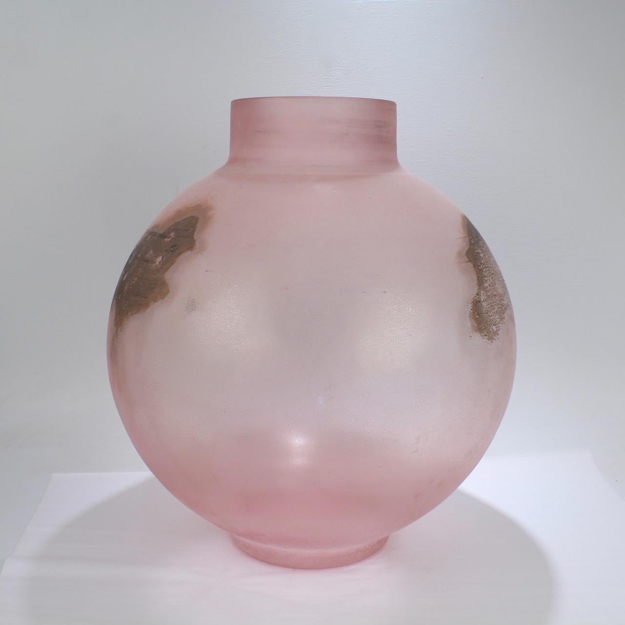 Italian Huge Cenedese Pink Scavo Spherical or Globe Shaped Murano Glass Vase For Sale