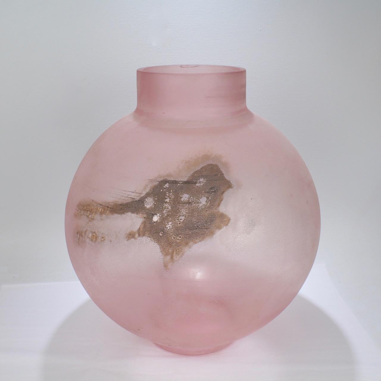 Huge Cenedese Pink Scavo Spherical or Globe Shaped Murano Glass Vase In Good Condition For Sale In Philadelphia, PA
