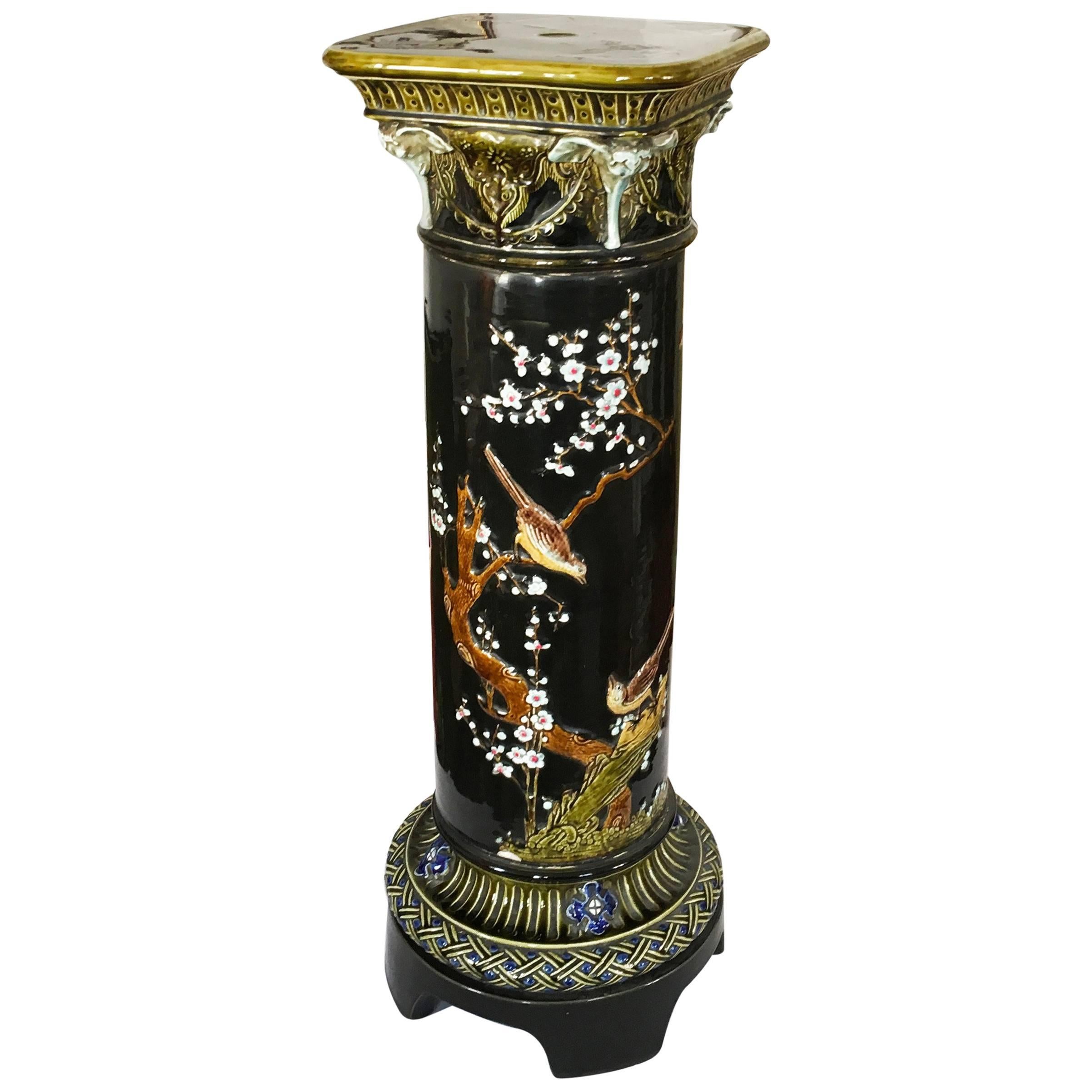 Enorme portafiori a colonna in ceramica con motivi asiatici