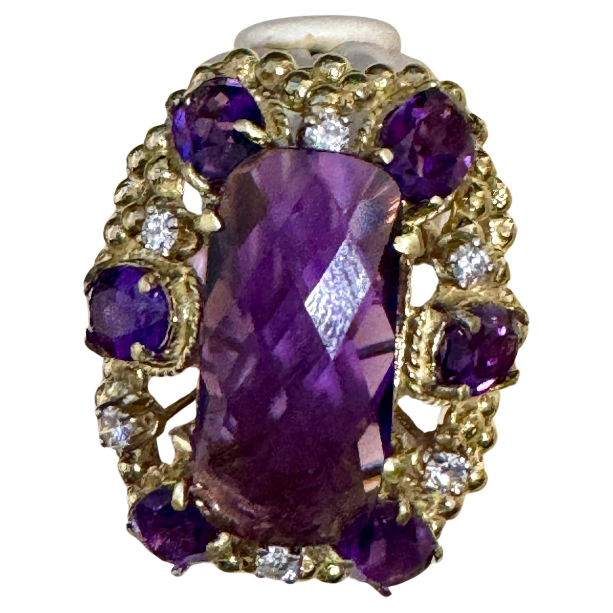 Huge Checker Board Cushion Cut Natural Amethyst Cocktail Ring 14KYG, 19.2gm In Excellent Condition For Sale In New York, NY