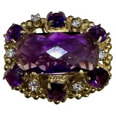 Huge Checker Board Cushion Cut Natural Amethyst Cocktail Ring 14KYG, 19.2gm