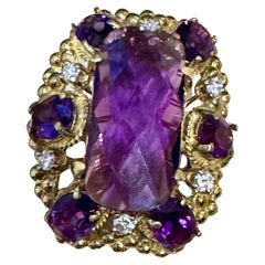 Huge Checker Board Cushion Cut Natural Amethyst Cocktail Ring 14KYG, 19.2gm