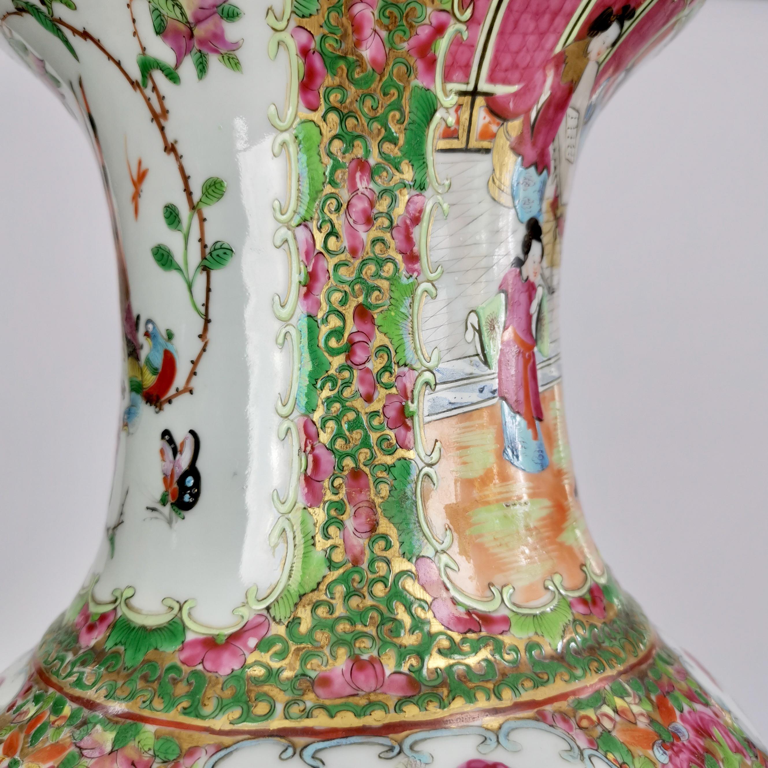 Huge Chinese Canton Porcelain Lamp Base, Family Scenes, Birds, Flowers, 1830-60 1